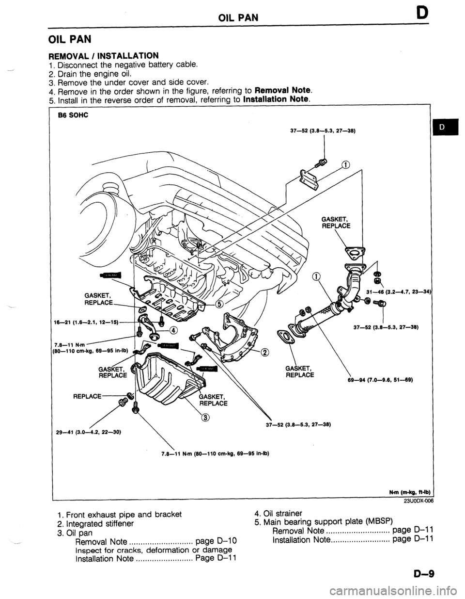 MAZDA 323 1989  Factory Repair Manual OIL PAN 
OIL PAN 
REMOVAL / INSTALLATION 
1. Disconnect the negative battery cable. 
2. Drain the engine oil. 
3. Remove the under cover and side cover. 
4. Remove in the order shown in the figure, re