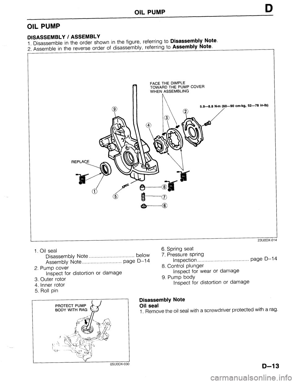 MAZDA 323 1989  Factory Repair Manual OIL PUMP D 
OIL PUMP 
DISASSEMBLY / ASSEMBLY 
1 Disassemble in the order shown in the figure, referring to Disassembly Note. 
2: Assemble in the reverse order of disassembly, referring to Assembly Not