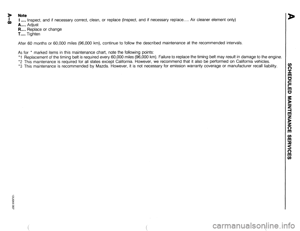 MAZDA 323 1989  Factory Repair Manual Note 
I .*.. inspect, and if necessary correct, clean, or replace (Inspect, and if necessary replace..... Air cleaner element only) 
A.... Adjust 
FL.. Replace or change 
T.... Tighten 
After 60 month