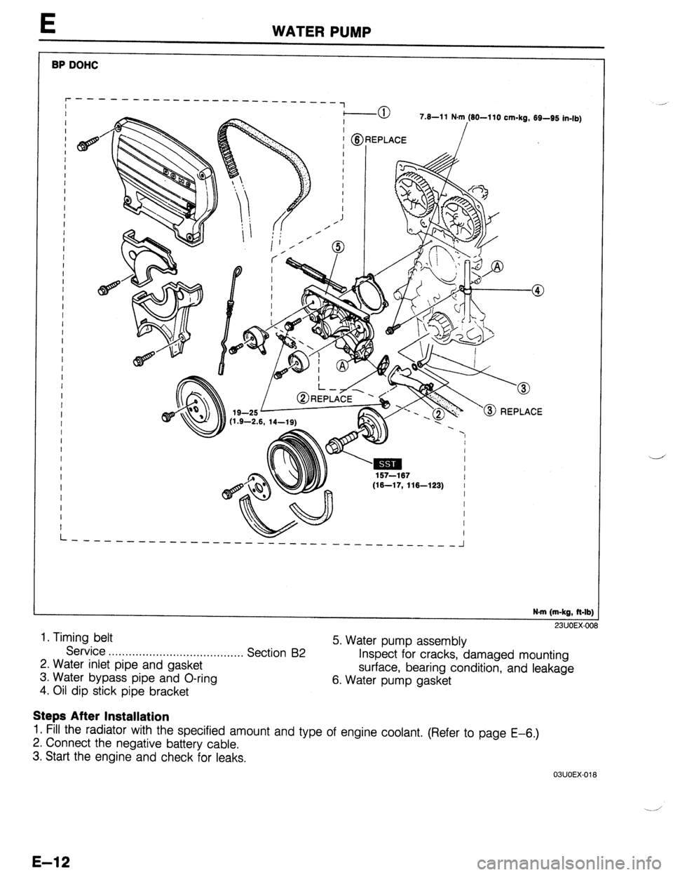 MAZDA 323 1989  Factory Repair Manual BP DOHC 
L 7.8-11 N-m (60-110 cm-kg, 69-95 in-lb) 
E WATER PUMP 
157-167 
I 
(W-17, 116-123) I 
I 
/ 
I 
I 
I 
---N-w------ 
--------------- 
----_---_ 
-I 
N.m (m-kg, ft-lb) 1 
^^, *--., ^^^ 
1. Timi