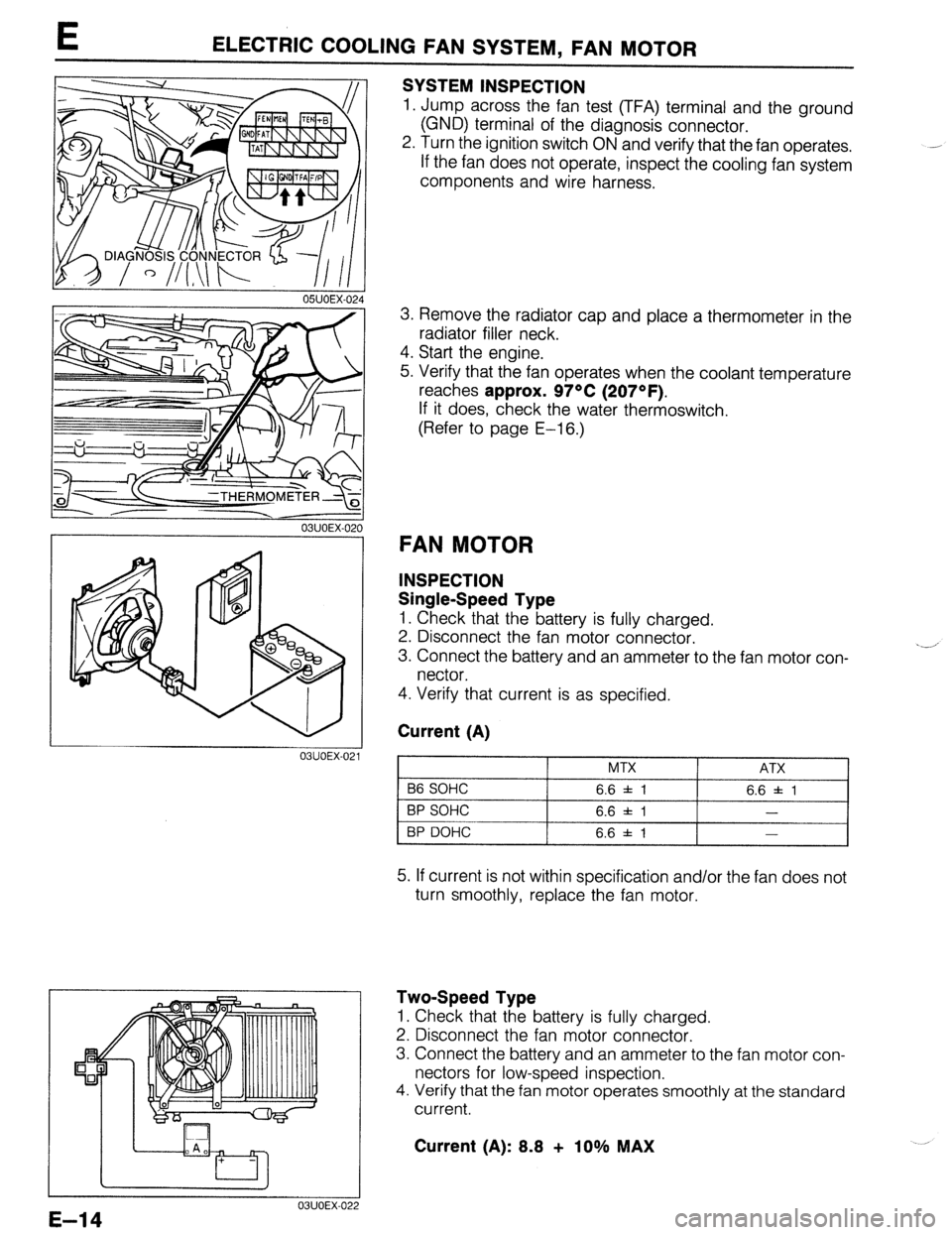 MAZDA 323 1989  Factory Repair Manual E ELECTRIC COOLING FAN SYSTEM, FAN MOTOR 
03UOEX-02 
I 
1 
I 
‘4 
. 
 
2 
.: 
) 
SYSTEM INSPECTION 
1. Jump across the fan test (TFA) terminal and the ground 
(GND) terminal of the diagnosis connect