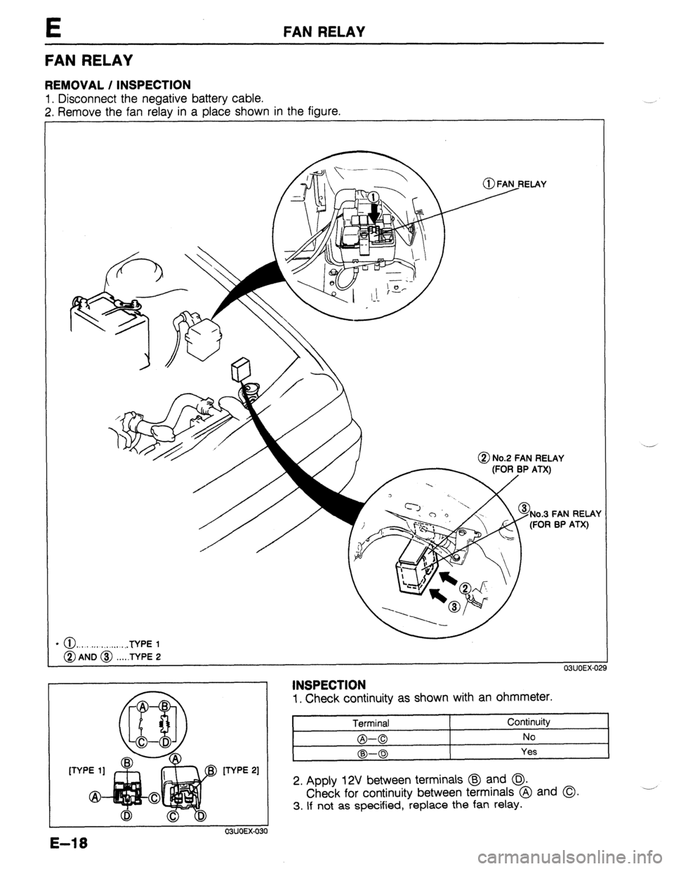 MAZDA 323 1989  Factory Repair Manual t FAN RELAY 
FAN RELAY 
REMOVAL / INSPECTION 
1. Disconnect the negative battery cable. 
2. Remove the fan relay in a place shown in the figure. 
FAN RELAY 
BP ATX) 
l o... . ,. . . . . . . . . . TYPE