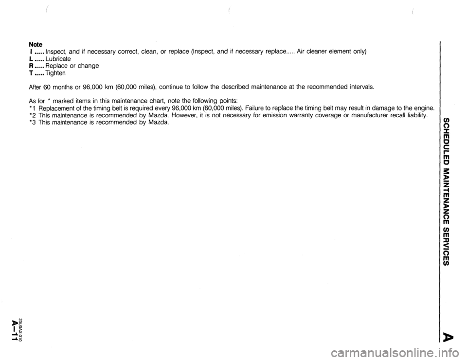 MAZDA 323 1989  Factory Repair Manual Note 
I . . . . . Inspect, and if necessary correct, clean, or replace (Inspect, and if necessary replace..... Air cleaner element only) 
L . . . . . Lubricate 
R . . . . . Replace or change 
T . . . 