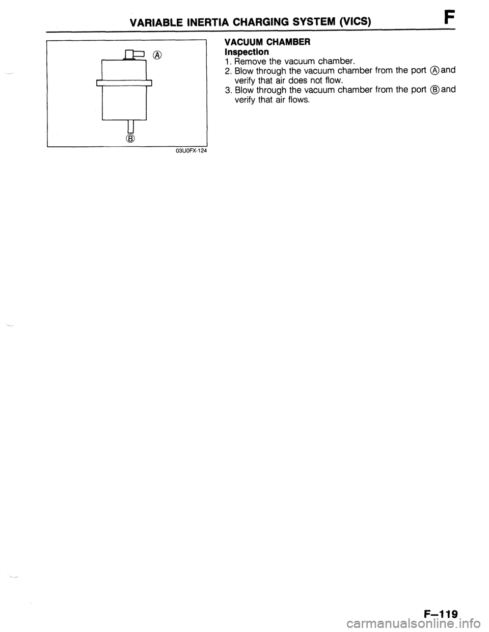 MAZDA 323 1989  Factory Repair Manual VARIABLE INERTIA CHARGING SYSTEM (VICS) F 
VACUUM CHAMBER 
Inspection 
1. Remove the vacuum chamber. 
2. Blow through the vacuum chamber from the port @and 
verify that air does not flow. 
3. Blow thr