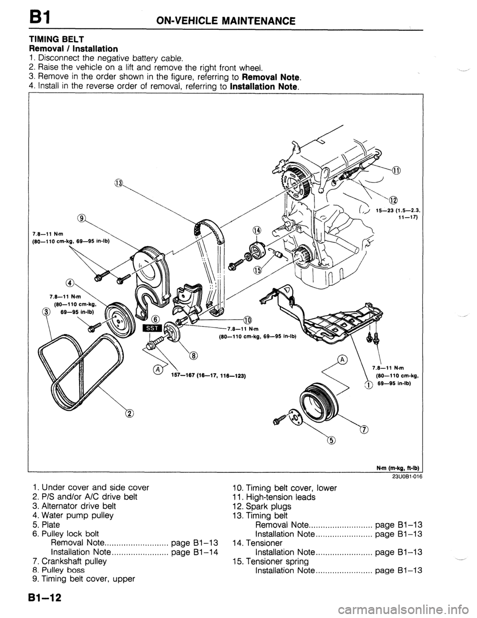 MAZDA 323 1989 Factory Repair Manual Bl ON-VEHICLE MAINTENANCE
TIMING BELT
Removal / Installation
1. Disconnect the negative battery cable.
2. Raise the vehicle on a lift and remove the right front wheel.
3. Remove in the order show MAZDA 323 1989 Factory Repair Manual Bl ON-VEHICLE MAINTENANCE
TIMING BELT
Removal / Installation
1. Disconnect the negative battery cable.
2. Raise the vehicle on a lift and remove the right front wheel.
3. Remove in the order show