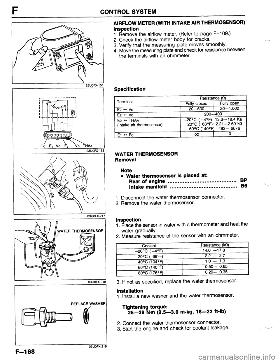 MAZDA 323 1989  Factory Repair Manual F CONTROL SYSTEM 
 23UOFX-l! 51 
. 
r---- - --------1 
I 
I 
i I 
I 
:, 
m7 I 
- - -.- 
Fc E, Vc Ez 23UOFX-158 
WATER THER@OSENSOA 
I 
03UOFX-21 
REPLACE WASHEF 
f 
OYJOFX-2’ 
AIRFLOW METER (WITH IN