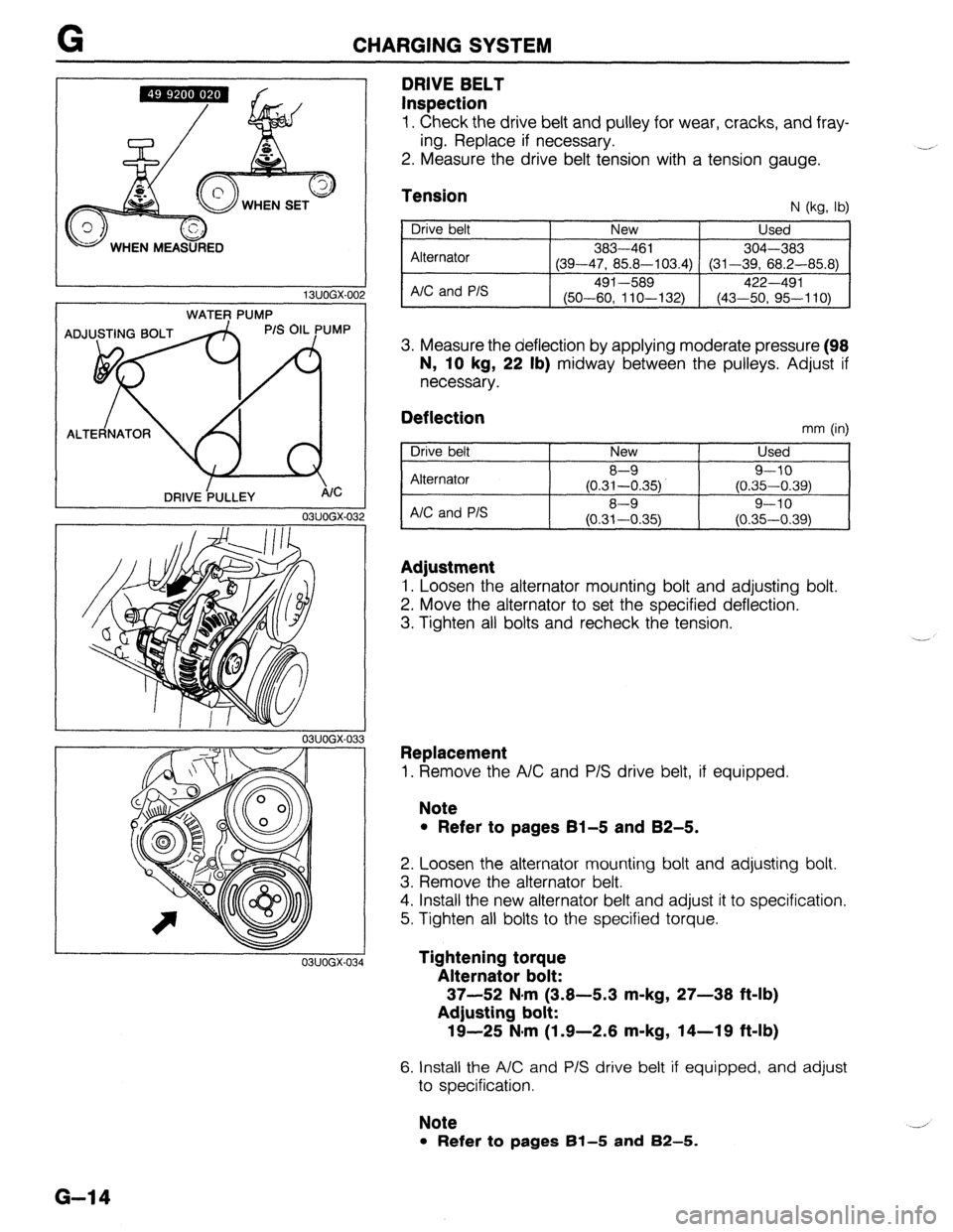 MAZDA 323 1989 Factory Repair Manual G CHARGING SYSTEM
WATER PUMP 13UOGX-00,
03UOGX-03:
I /I I III
I f 03UOGX-03:
03UOGX-034
DRIVE BELT
Inspection
1. Check the drive belt and pulley for wear, cracks, and fray-
ing. Replace if ne MAZDA 323 1989 Factory Repair Manual G CHARGING SYSTEM
WATER PUMP 13UOGX-00,
03UOGX-03:
I /I I III
I f 03UOGX-03:
03UOGX-034
DRIVE BELT
Inspection
1. Check the drive belt and pulley for wear, cracks, and fray-
ing. Replace if ne