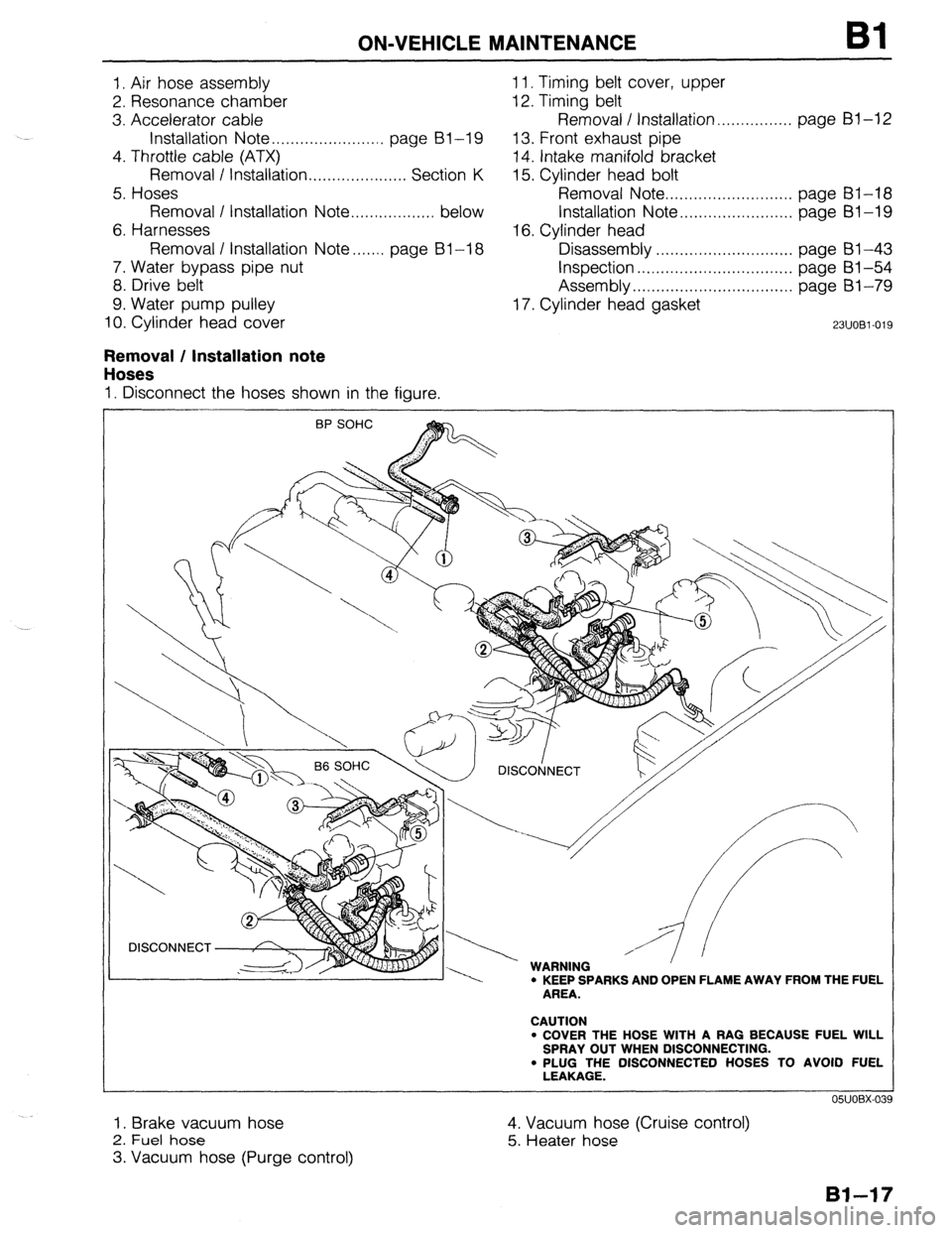 MAZDA 323 1989  Factory Repair Manual ON-VEHICLE MAINTENANCE Bl 
I. Air hose assembly 1 I. Timing belt cover, upper 
2. Resonance chamber 12. Timing belt 
3. Accelerator cable Removal / Installation.. . . . . . . . . . . . . . . page Bl-1