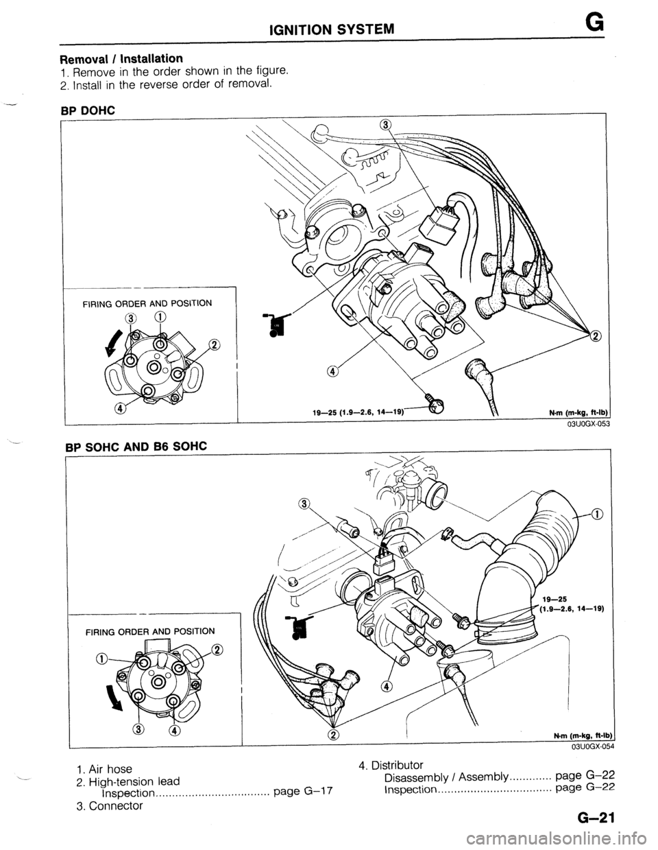 MAZDA 323 1989  Factory Repair Manual IGNITION SYSTEM G 
Removal I Installation 
1. Remove in the order shown in the figure. 
2. Install in the reverse order of removal. 
RP I’lClHC 
FIRING ORDER AND POSITION 
19-25 (1.9-2.6, 
14-19) 
N