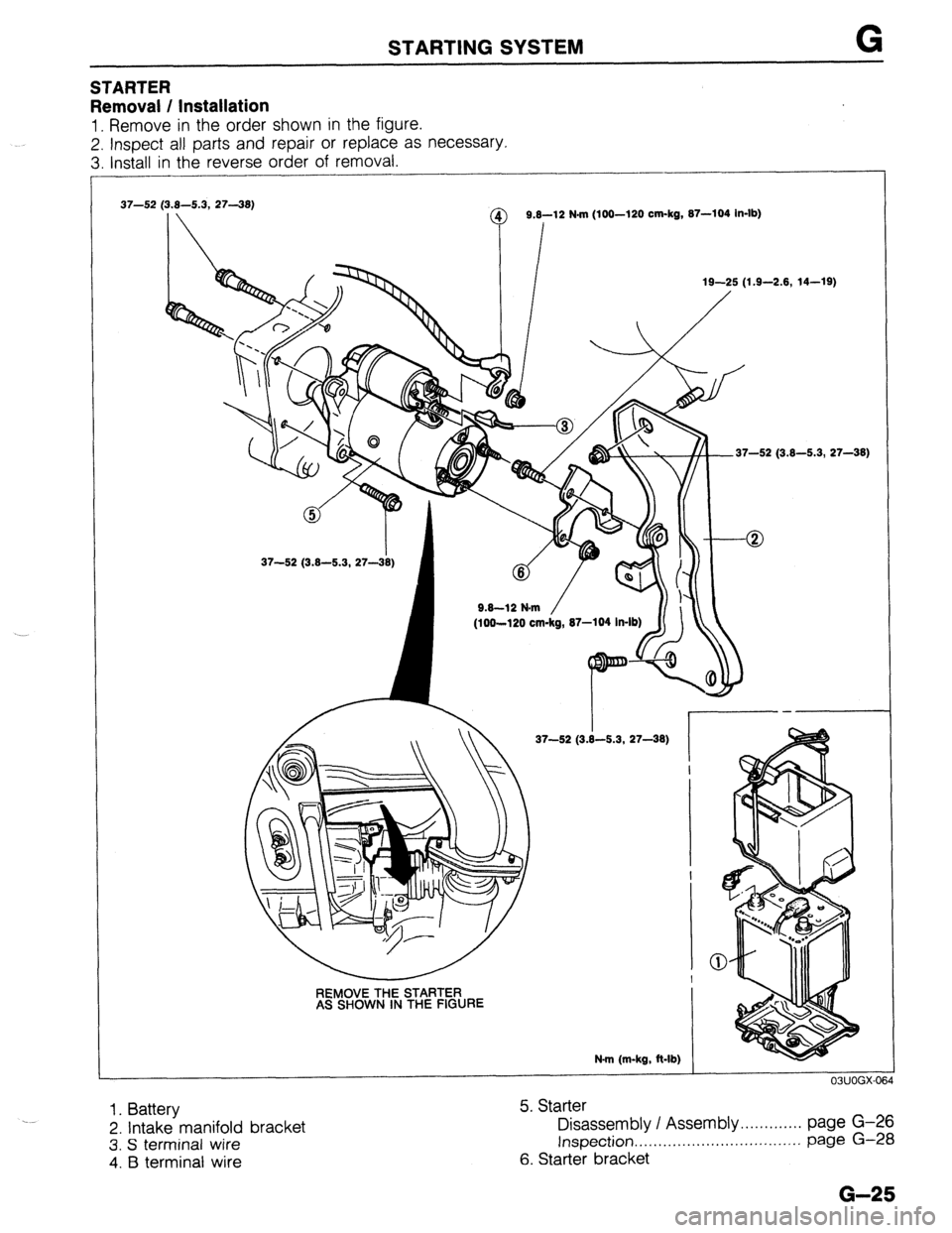 MAZDA 323 1989  Factory Repair Manual STARTING SYSTEM G 
STARTER 
Removal / Installation 
1. Remove in the order shown in the figure. 
2. Inspect all parts and repair or replace as necessary. 
3. Install in the reverse order of removal. 
