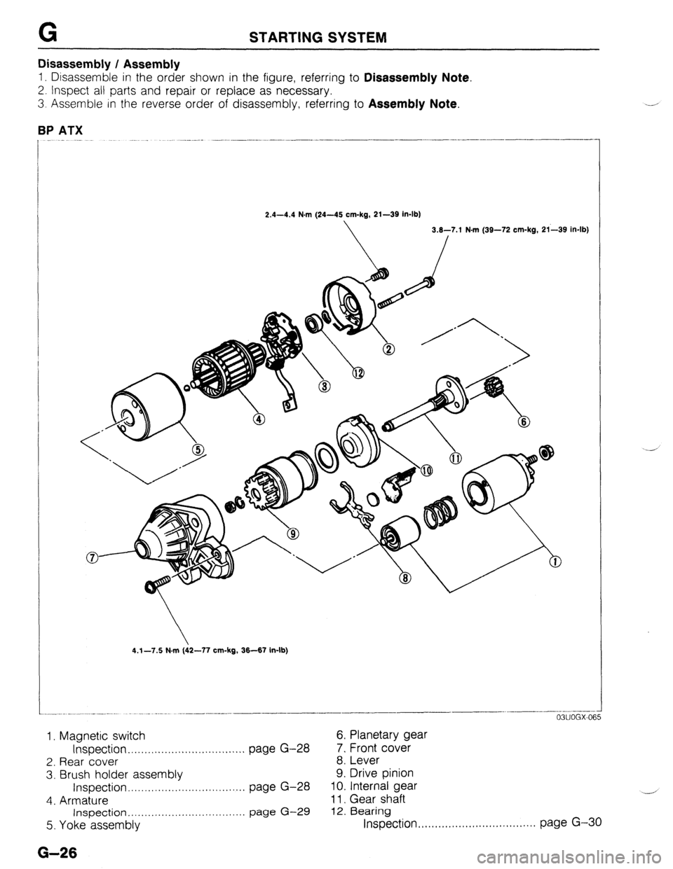 MAZDA 323 1989  Factory Repair Manual G 
Disassembly / Assembly STARTING SYSTEM 
1. Disassemble in the order shown in the figure, referring to Disassembly Note. 
2. Inspect all parts and repair or replace as necessary. 
3. Assemble in the