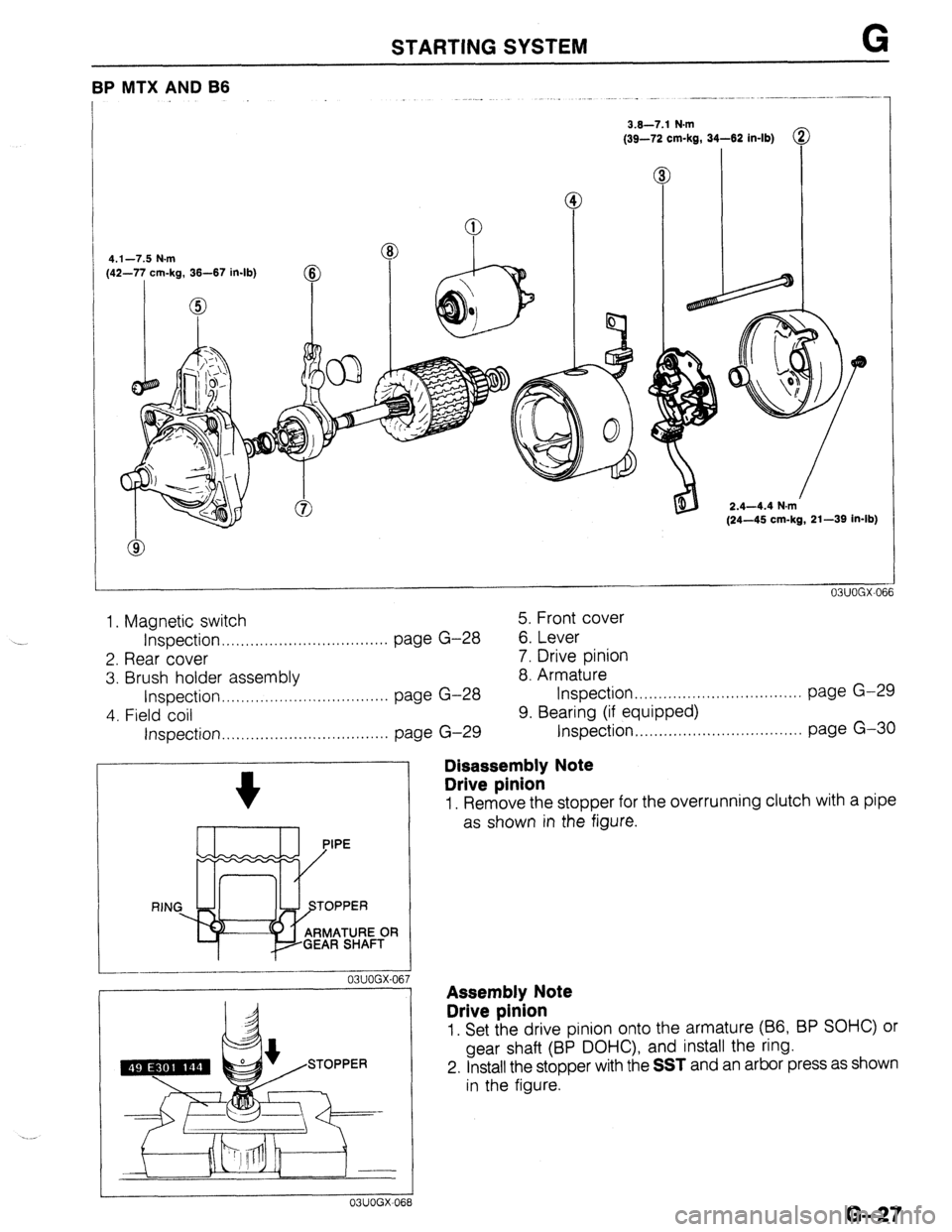 MAZDA 323 1989  Factory Repair Manual STARTING SYSTEM G 
BP MTX AND B6 
3.6-7.1 N.m 
(39-72 cm-kg, 34-62 in-lb) 
4.1-7.5 N.m 
(42-77 cm-kg, 36-67 in-lb) 
@ 
0 
2.4-4.4 N.m 
(24-45 cm-kg, 21-39 in-lb) 
1. Magnetic switch 5. Front cover 
In