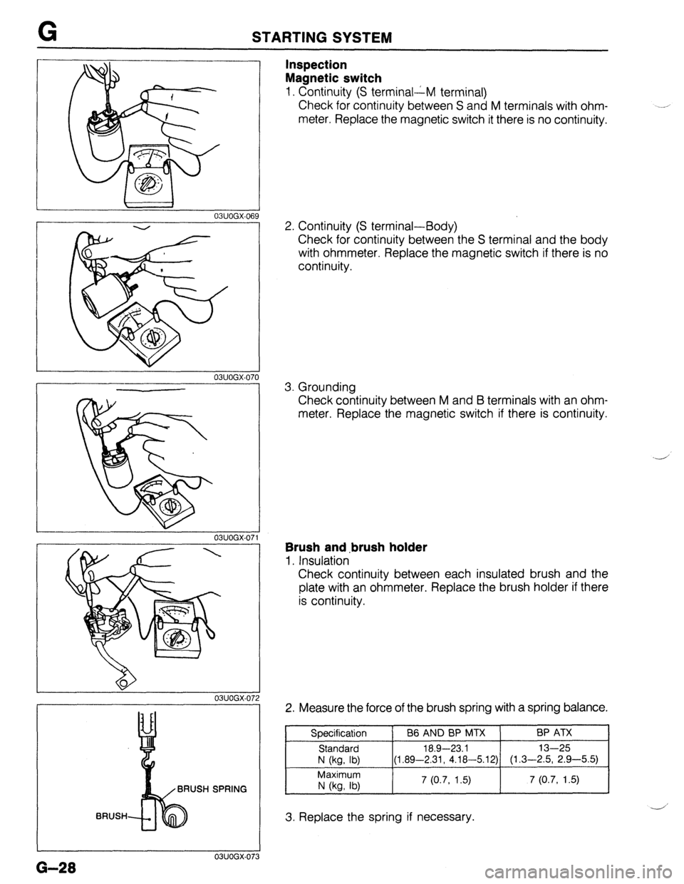 MAZDA 323 1989  Factory Repair Manual G STARTING SYSTEM 
t 
03UOGX.0% 
03UOGX.07( 
03UOGX.07 
03UOGX-072 
03UOGX-07: 
G-28 
BRUSH SPRING 
Inspection 
Magnetic switch 
1. Continuity (S terminal:M terminal) 
Check for continuity between S a