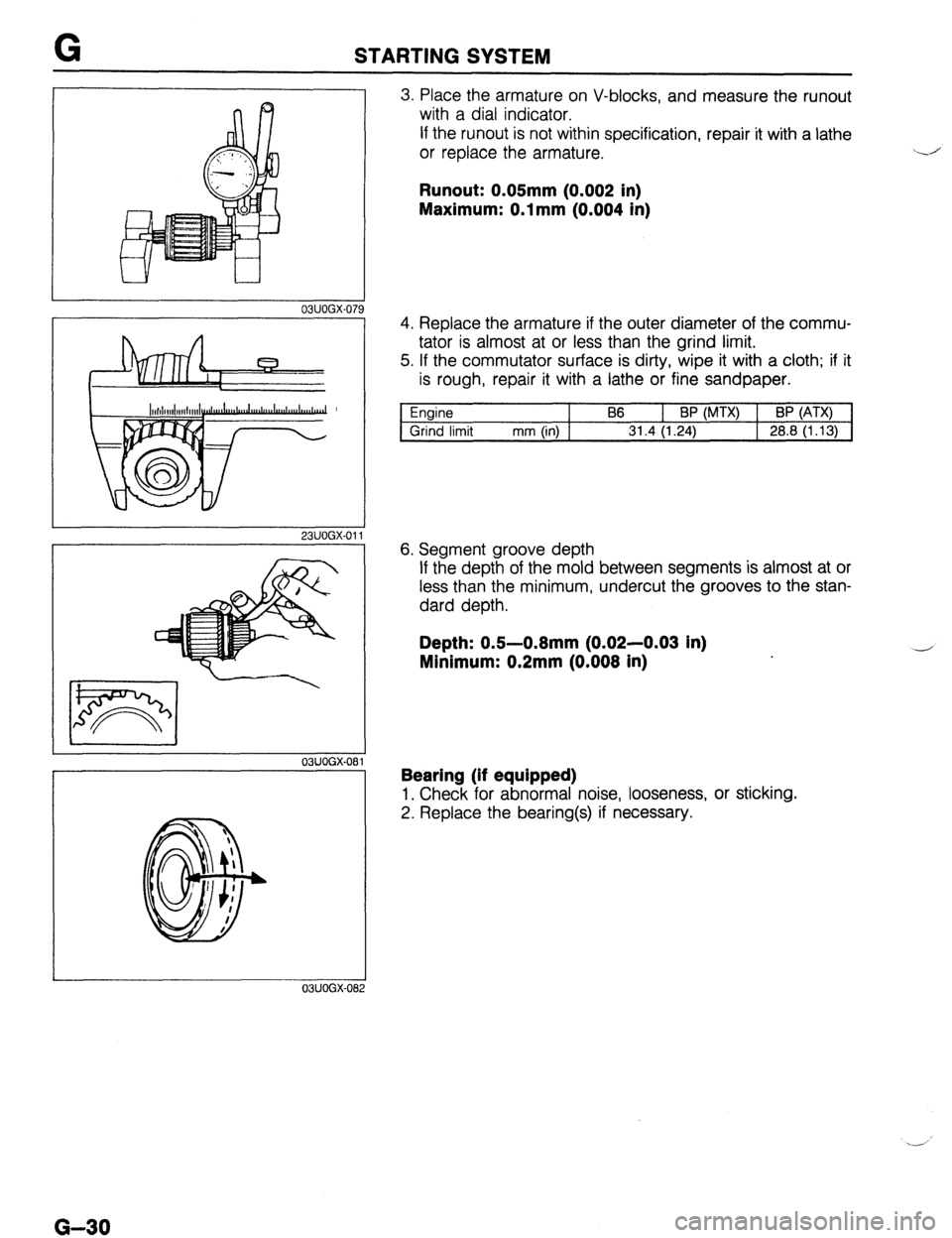 MAZDA 323 1989  Factory Repair Manual G STARTING SYSTEM 
1 03lJOGX.079 
23LJOGX-011 
I I OBUOGX-081 
3. Place the armature on V-blocks, and measure the runout 
with a dial indicator. 
If the runout is not within specification, repair it w