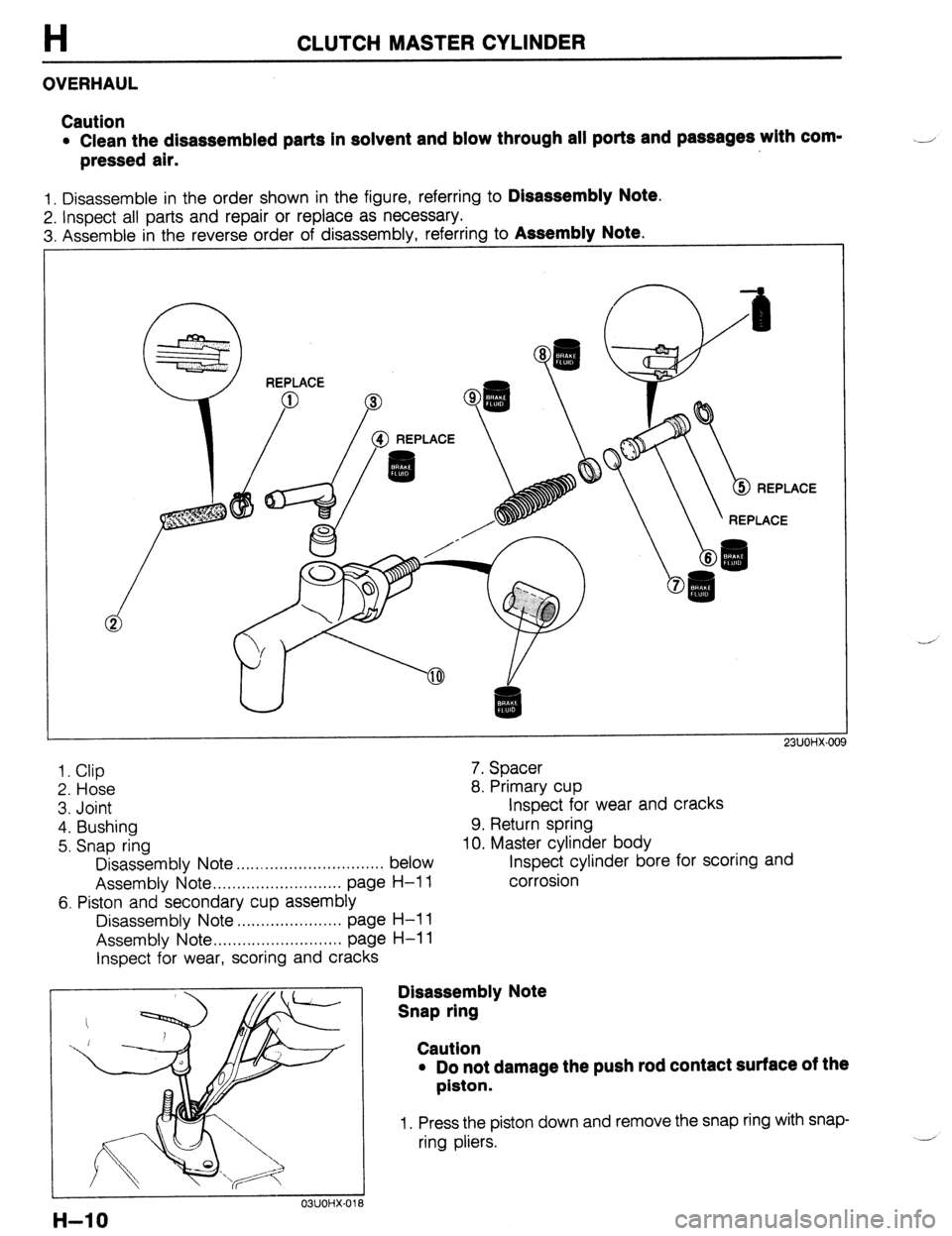 MAZDA 323 1989 Factory Repair Manual H CLUTCH MASTER CYLINDER
OVERHAUL
Caution
l Clean the disassembled parts in solvent and blow through all ports and passages wlth com-
pressed air. .-J
1. Disassemble in the order shown in the fig MAZDA 323 1989 Factory Repair Manual H CLUTCH MASTER CYLINDER
OVERHAUL
Caution
l Clean the disassembled parts in solvent and blow through all ports and passages wlth com-
pressed air. .-J
1. Disassemble in the order shown in the fig
