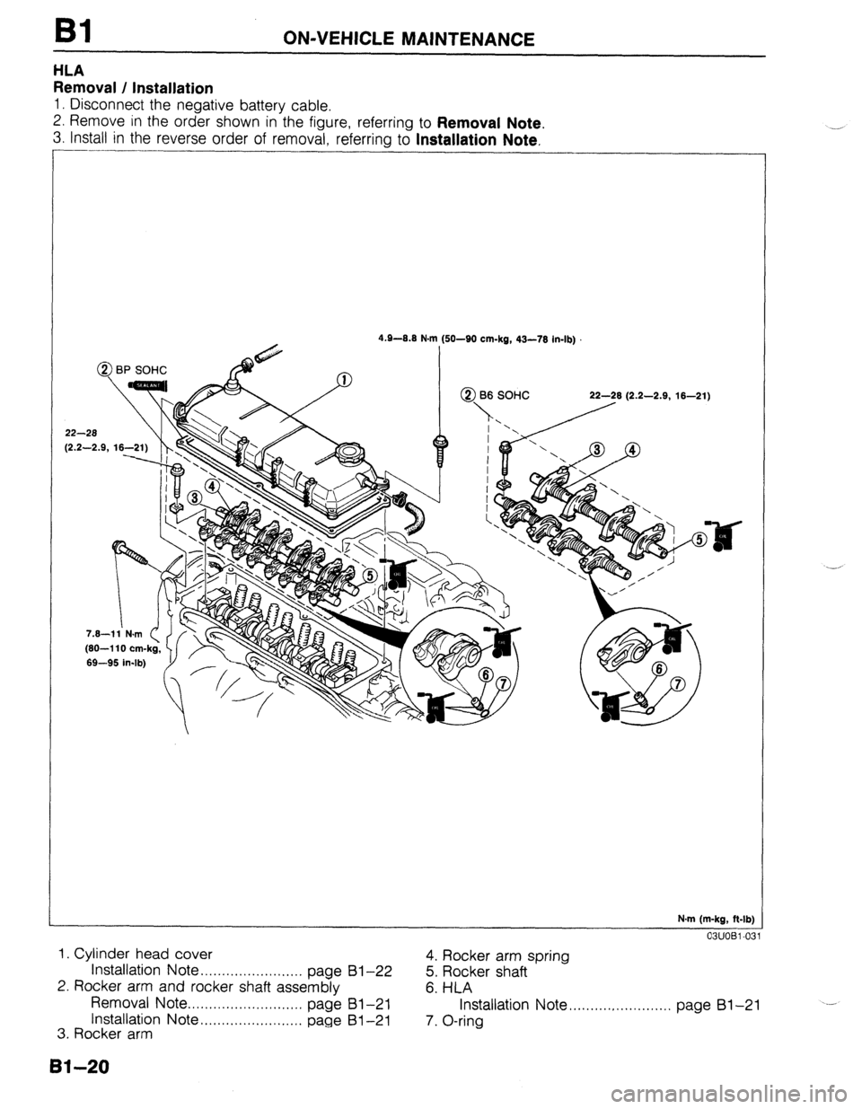MAZDA 323 1989  Factory Repair Manual Bl ON-VEHICLE MAINTENANCE 
HLA 
Removal / Installation 
1. Disconnect the negative battery cable. 
2. Remove in the order shown in the figure, referring to 
Removal Note. 
3. Install in the reverse or