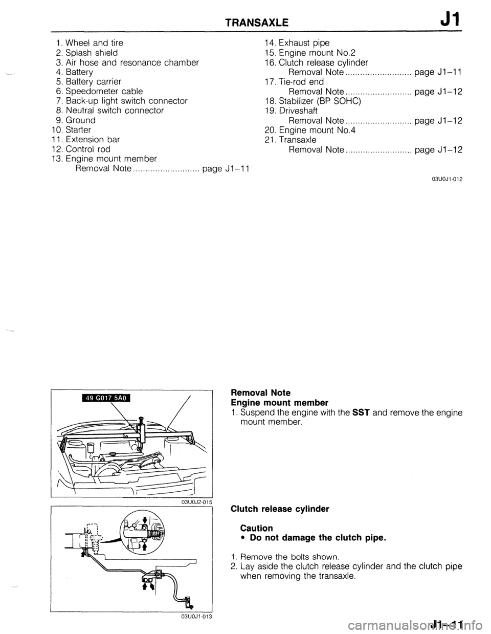 MAZDA 323 1989  Factory Repair Manual TRANSAXLE Jl 
1. Wheel and tire 
2. Splash shield 
3. Air hose and resonance chamber 
4. Battery 
5. Battery carrier 
6. Speedometer cable 
7. Back-up light switch connector 
8. Neutral switch connect