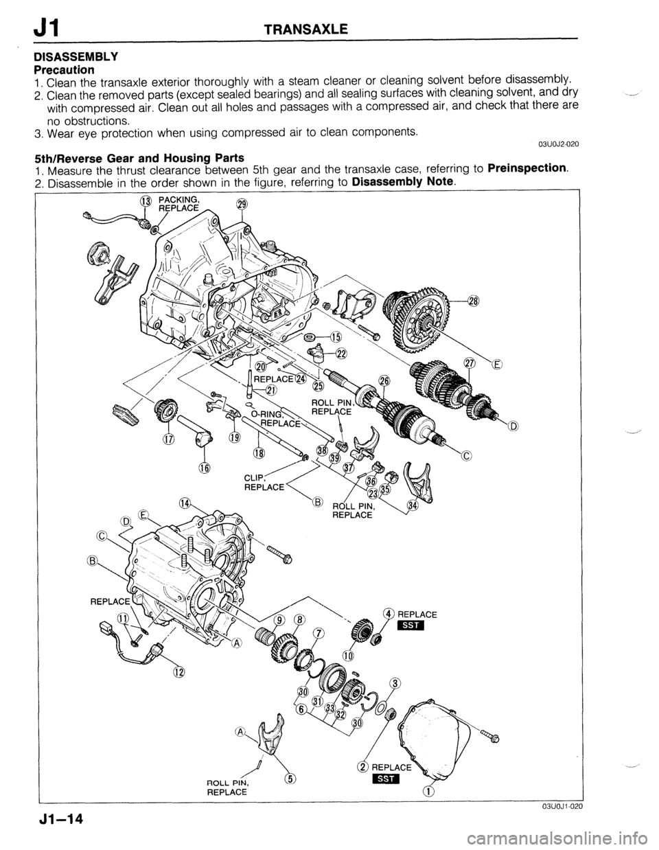 MAZDA 323 1989  Factory Repair Manual Jl TRANSAXLE 
DISASSEMBLY 
Precaution 
1. Clean the transaxle exterior thoroughly with a steam cleaner or cleaning solvent before disassembly. 
2. Clean the removed parts (except sealed bearings) and 