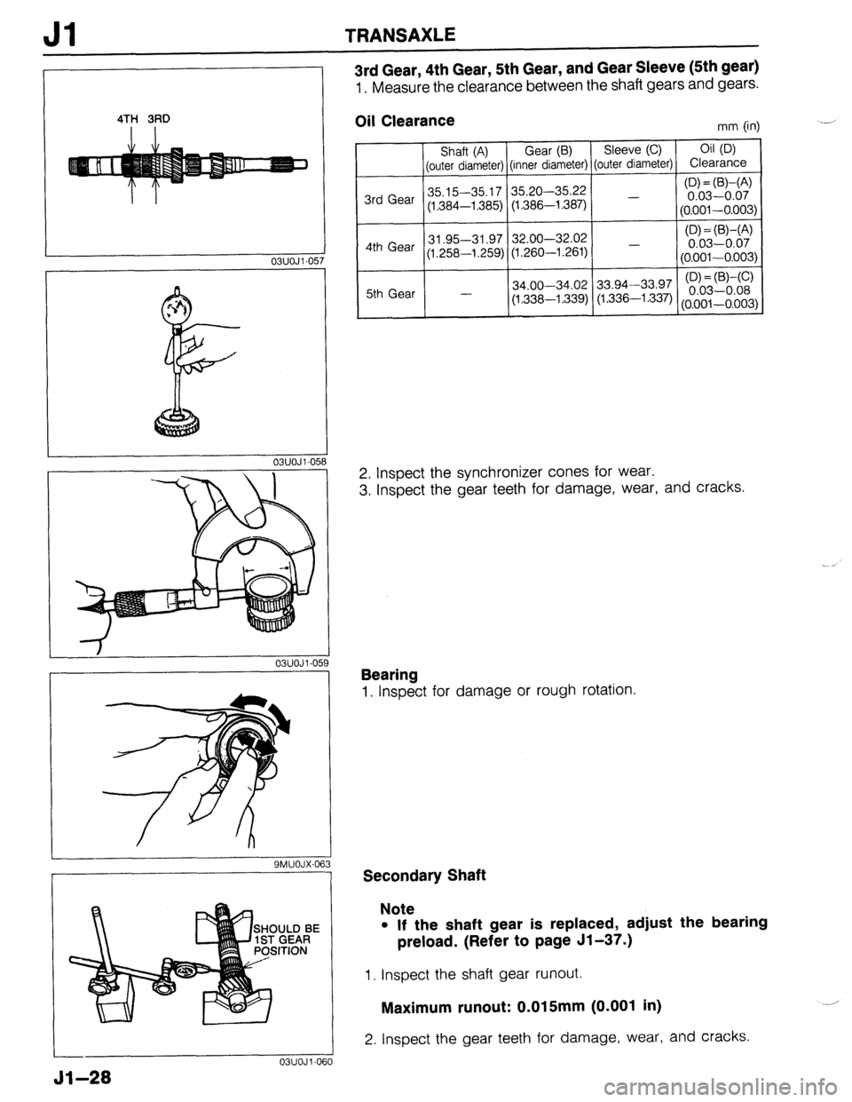 MAZDA 323 1989  Factory Repair Manual Jl TRANSAXLE 
3rd Gear, 4th Gear, 5th Gear, and Gear Sleeve (5th gear) 
1. Measure the clearance between the shaft gears and gears. 
4TH 3RD 
03UOJl-05 
03UOJl-05 
9MUOJX-063 
51-28 
03UOJl-06 i0 
Oil