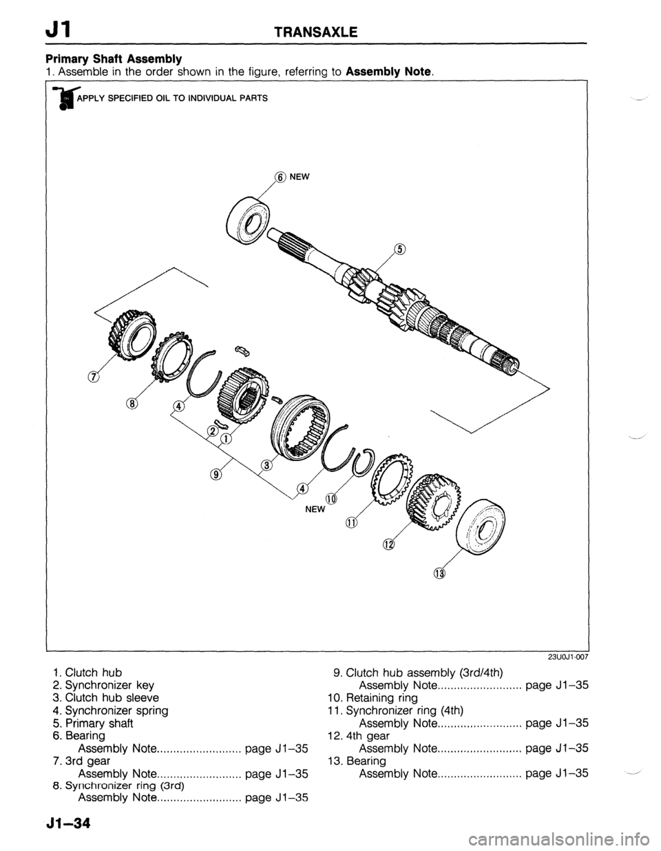 MAZDA 323 1989  Factory Repair Manual Jl TRANSAXLE 
Primary Shaft Assembly 
1. Assemble in the order shown in the figure, referring to Assembly Note. 
PPLY SPECIFIED OIL TO INDIVIDUAL PARTS 
23UOJl.00 
1. Clutch hub 
9. Clutch hub assembl
