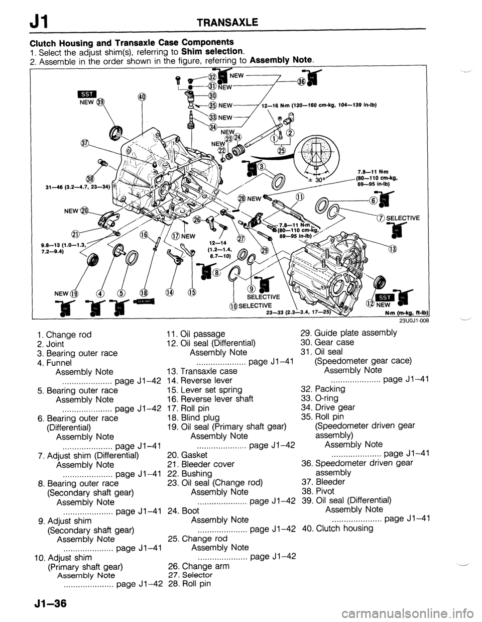 MAZDA 323 1989  Factory Repair Manual TRANSAXLE 
 
I 
\m/ 7.8-11 N-m 
1. Change 
rod 
2. Joint 
3. Bearing outer race 
4. Funnel 
Assembly Note 11. Oil passage 
29. Guide plate assembly 
12. Oil 
seal (Differential) 30. 
Gear case 
Assemb