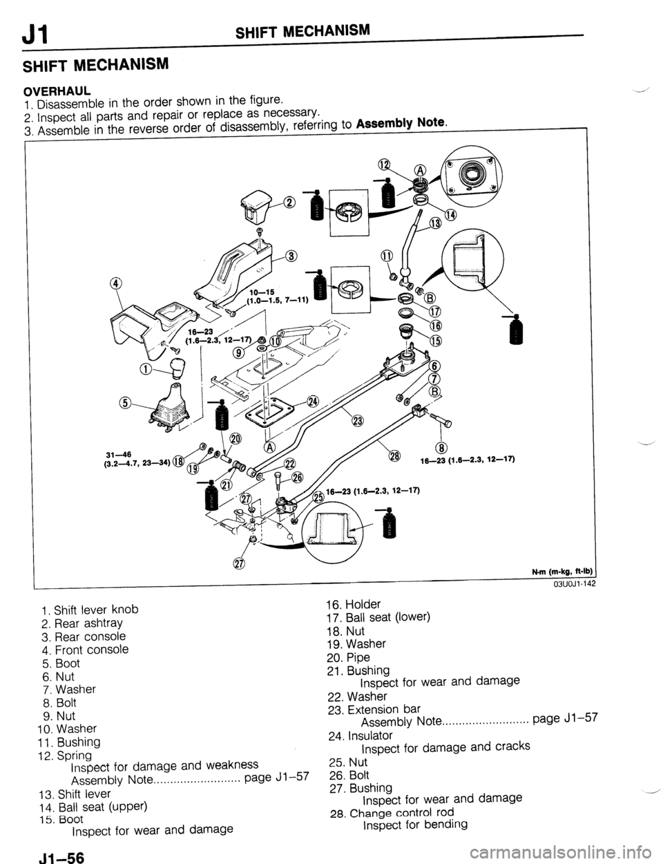 MAZDA 323 1989  Factory Repair Manual Jl SHIFT MECHANISM 
SHIFT MECHANISM 
OVERHAUL 
1. Disassemble in the order shown in the figure. 
2. Inspect all parts and repair or replace as necessary. 
3. Assemble in the reverse order of disassemb