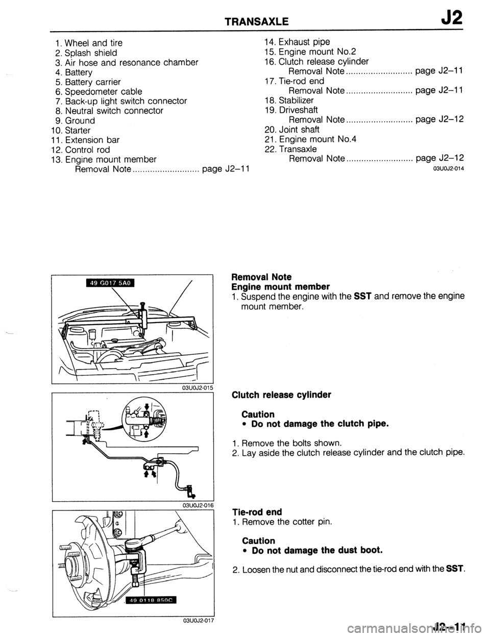 MAZDA 323 1989  Factory Repair Manual TRANSAXLE J2 
1. Wheel and tire 14. Exhaust pipe 
2. Splash shield 15. Engine mount No.2 
3. Air hose and resonance chamber 16. Clutch release cylinder 
4. Battery Removal Note .,...........,....,.,..