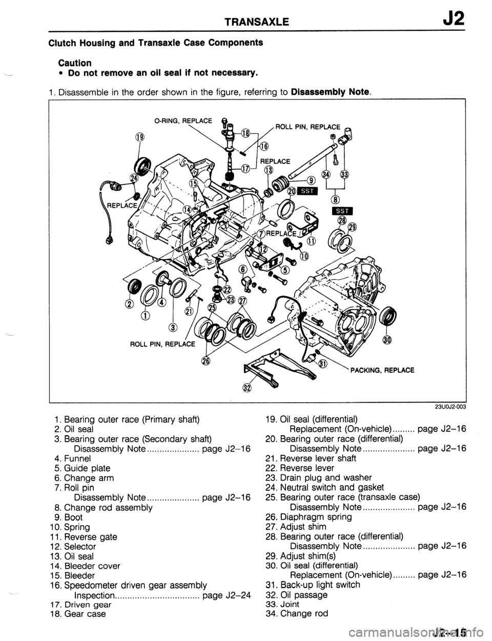 MAZDA 323 1989  Factory Repair Manual TRANSAXLE J2 
Clutch Housing and Transaxle Case Components 
Caution 
l Do not remove an oil seal if not necessary. 
1. Disassemble in the order shown in the figure, referring to Disassembly Note. 
ACE