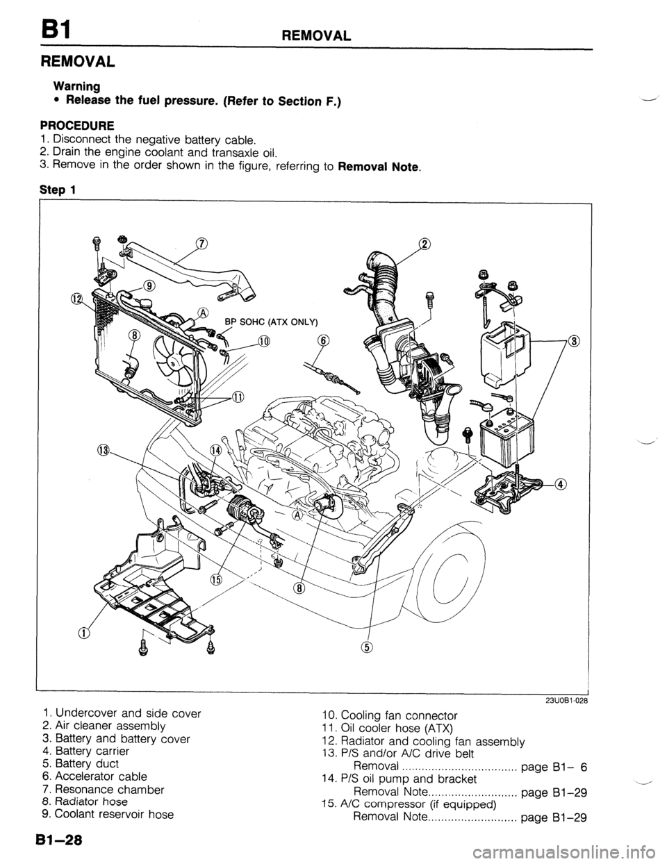 MAZDA 323 1989  Factory Repair Manual REMOVAL 
REMOVAL 
Warning 
l Release the fuel pressure. (Refer to Section F.) 
PROCEDURE 
1. Disconnect the negative battery cable. 
2. Drain the engine coolant and transaxle oil. 
3. Remove in the or