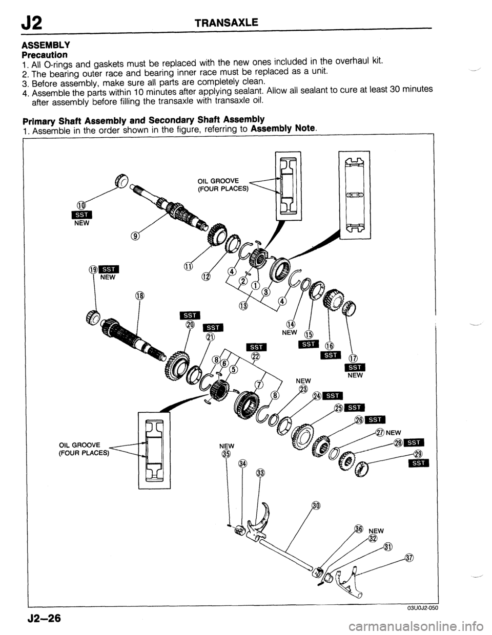 MAZDA 323 1989  Factory Repair Manual J2 TRANSAXLE 
ASSEMBLY 
Precaution 
1. All O-rings and gaskets must be replaced with the new ones included in the overhaul kit. 
2. The bearing outer race and bearing inner race must be replaced as a 