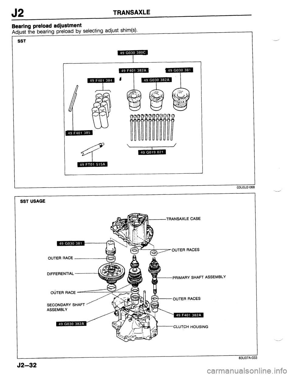 MAZDA 323 1989  Factory Repair Manual TRANSAXLE 
Bearing preload adjustment 
Adjust the bearing preload by selecting adjust shim(s). 
SST 
TRANSAXLE CASE 
CUTER RACES 
PRIMARY SHAFT ASSEMBLY 
iECONDARY SHAFT 
rSSEMBLY 
CLUTCH HOUSIN 
SST 