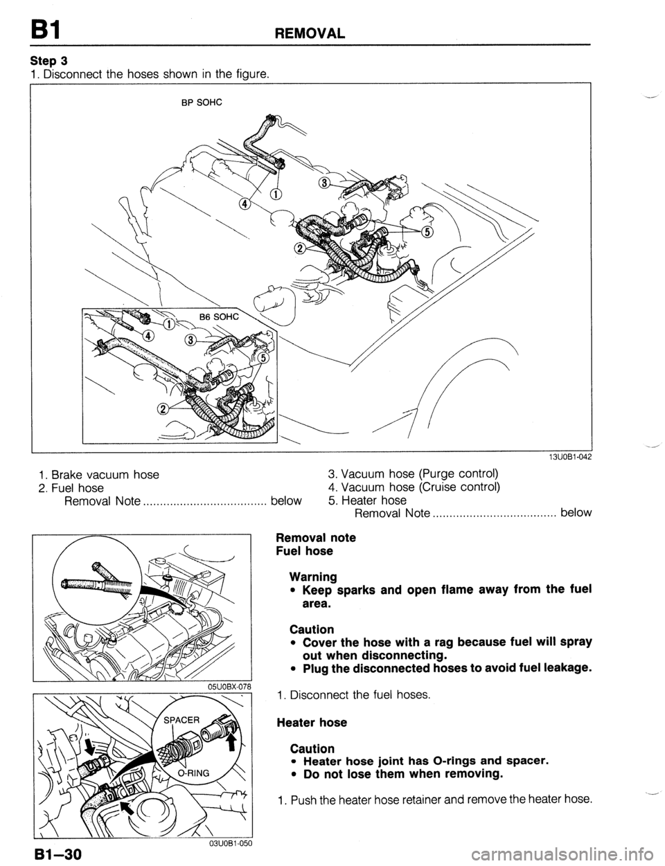 MAZDA 323 1989  Factory Repair Manual Bl REMOVAL 
Step 3 
1. Disconnect the hoses shown in the figure. 
BP SOHC 
1. Brake vacuum hose 
2. Fuel hose 
Removal 
Note . . . . . . . . . . . . . . . . . . . . . . . . . . . . . . . . . . . 
Bl-3