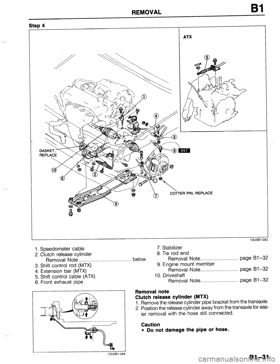 MAZDA 323 1989  Factory Repair Manual REMOVAL Bl 
Step 4 - 
ATX 
REPLACE 
13UOBl-043 
1. Speedometer cable 7. Stabilizer 
2. Clutch release cylinder 
8. Tie rod end 
Removal Note below Removal Note . . . . . . . . . . . . . . . . . . . . 