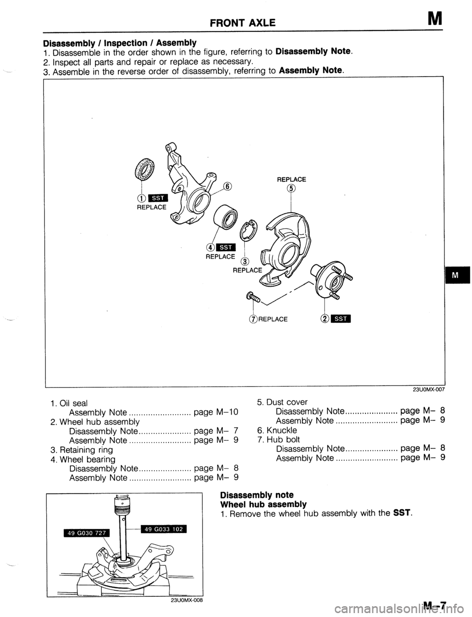 MAZDA 323 1989  Factory Repair Manual FRONT AXLE M 
Disassembly / Inspection / Assembly 
1. Disassemble in the order shown in the figure, referring to Disassembly Note. 
2. Inspect all parts and repair or replace as necessary. 
3. Assembl