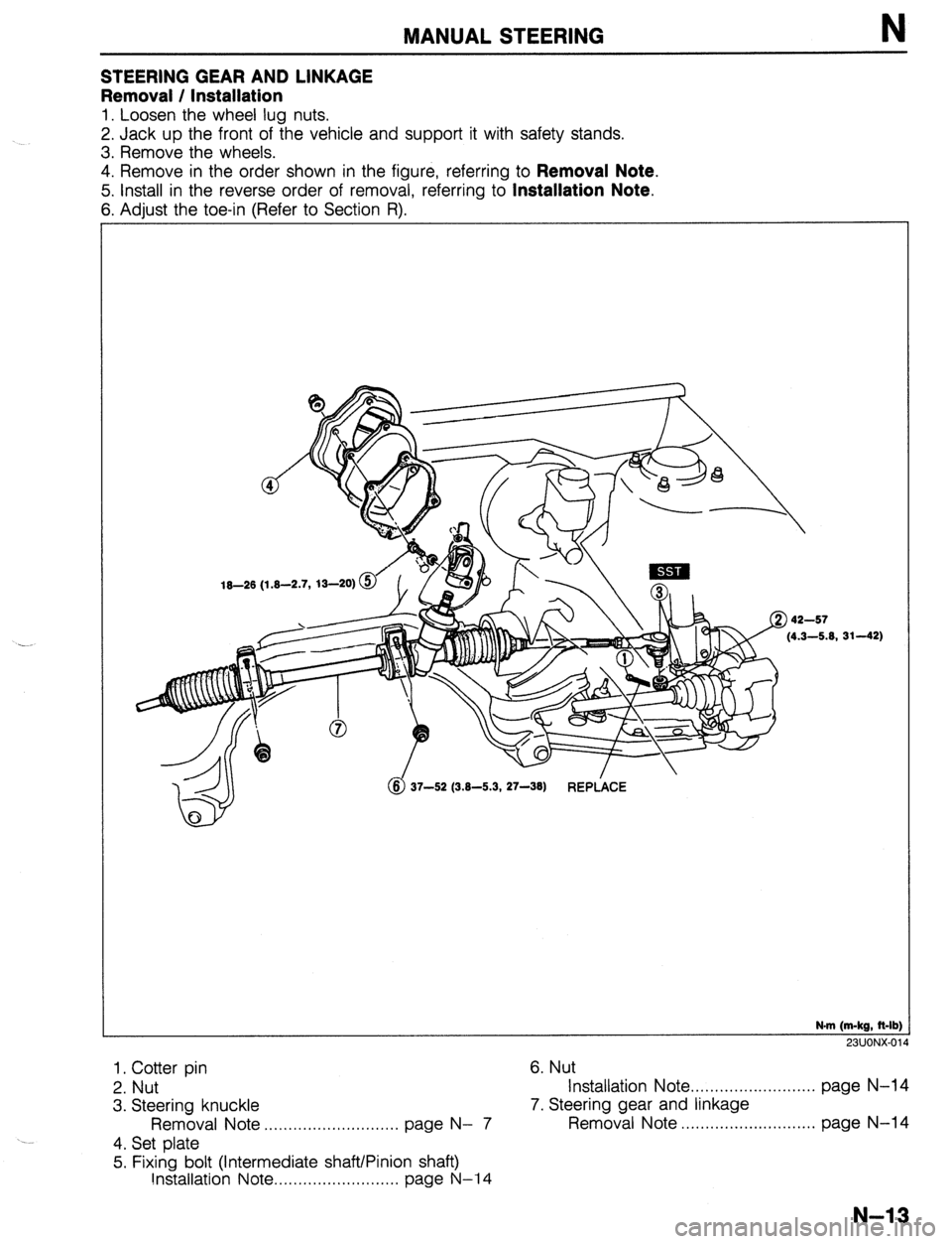 MAZDA 323 1989  Factory Repair Manual MANUAL STEERING N 
STEERING GEAR AND LINKAGE 
Removal / Installation 
1. Loosen the wheel lug nuts. 
2. Jack up the front of the vehicle and support it with safety stands. 
3. Remove the wheels. 
4. R