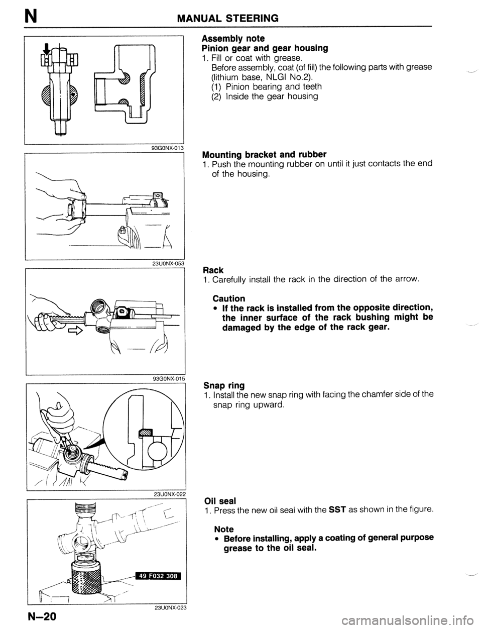 MAZDA 323 1989  Factory Repair Manual MANUAL STEERING 
Assembly note 
Pinion gear and gear housing 
1. Fill or coat with grease. 
Before assembly, coat (of fill) the following parts with grease 
(lithium base, NLGI No.2). 
(1) Pinion bear