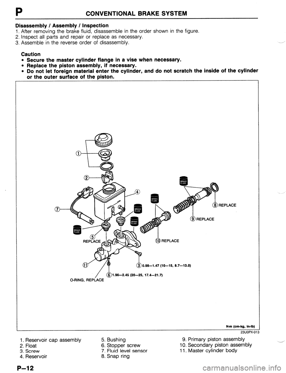 MAZDA 323 1989  Factory Repair Manual P CONVENTIONAL BRAKE SYSTEM 
Disassembly / Assembly / Inspection 
1. After removing the brake fluid, disassemble in the order shown in the figure. 
2. Inspect all parts and repair or replace as necess