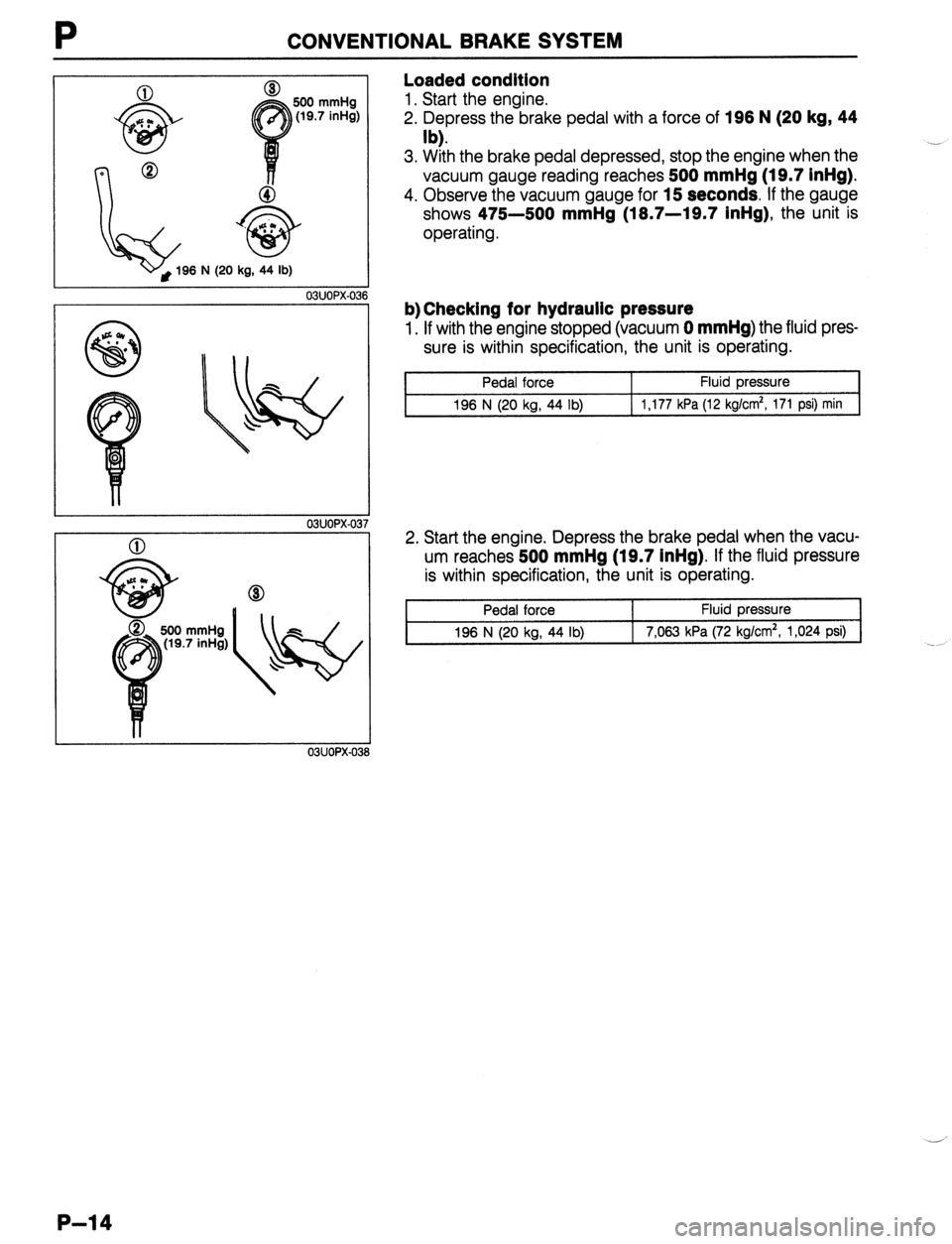 MAZDA 323 1989  Factory Repair Manual P CONVENTIONAL BRAKE SYSTEM 
0 8 
500 mmHg 
(19.7 inHg) 
96 N (20 kg, 44 lb) 
03UOPX-03 
03UOPX-03 
03UOPX-031 
Loaded condition 
1. Start the engine. 
2. Depress the brake pedal with a force of 196 N