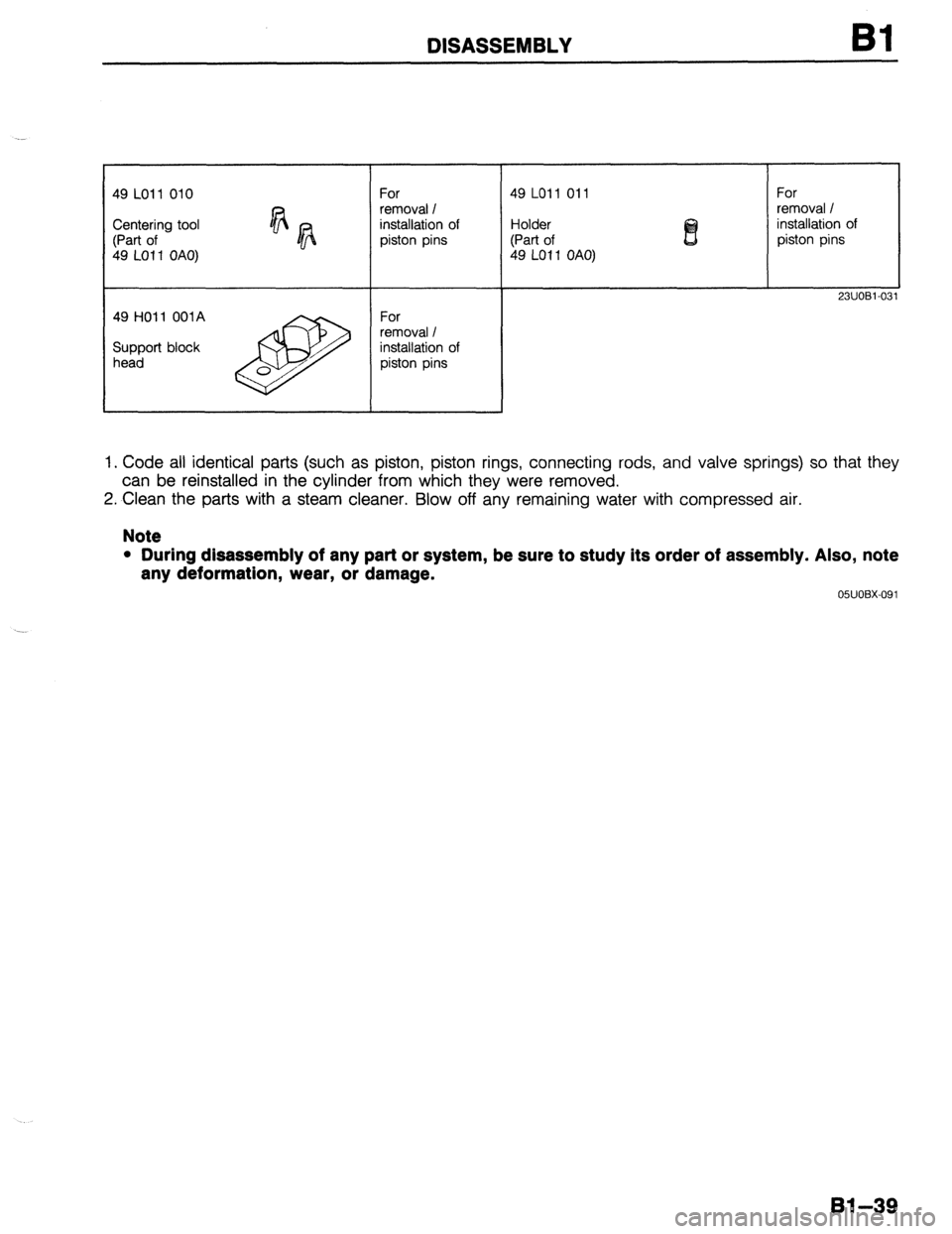 MAZDA 323 1989  Factory Repair Manual DISASSEMBLY Bl 
I I 
49 LO11 010 
Centering tool 
(Part of 
49 LO1 1 OAO) For 
removal I 
installation of 
piston pins 49 LO11 011 
Holder 
(Part of 
49 LO1 1 OAO) For 
removal I 
installation of 
pis