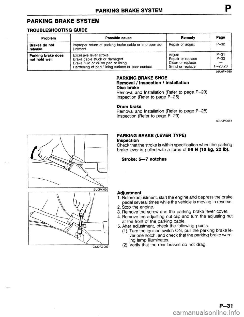 MAZDA 323 1989  Factory Repair Manual PARKING BRAKE SYSTEM 
PARKING BRAKE SYSTEM 
TROUBLESHOOTING GUIDE 
Problem 
Brakes do not 
release 
Parking brake does 
not hold well Possible cause 
Improper return of parking brake cable or improper