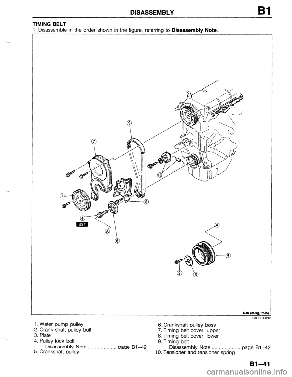 MAZDA 323 1989  Factory Repair Manual DISASSEMBLY Bl 
TIMING BELT 
23UOBl-032 
1. Water pump pulley 
2. Crank shaft pulley bolt 6. Crankshaft pulley boss 
3. Plate 7. Timing belt cover, upper 
4. Pulley lock bolt 8. Timing belt cover, low