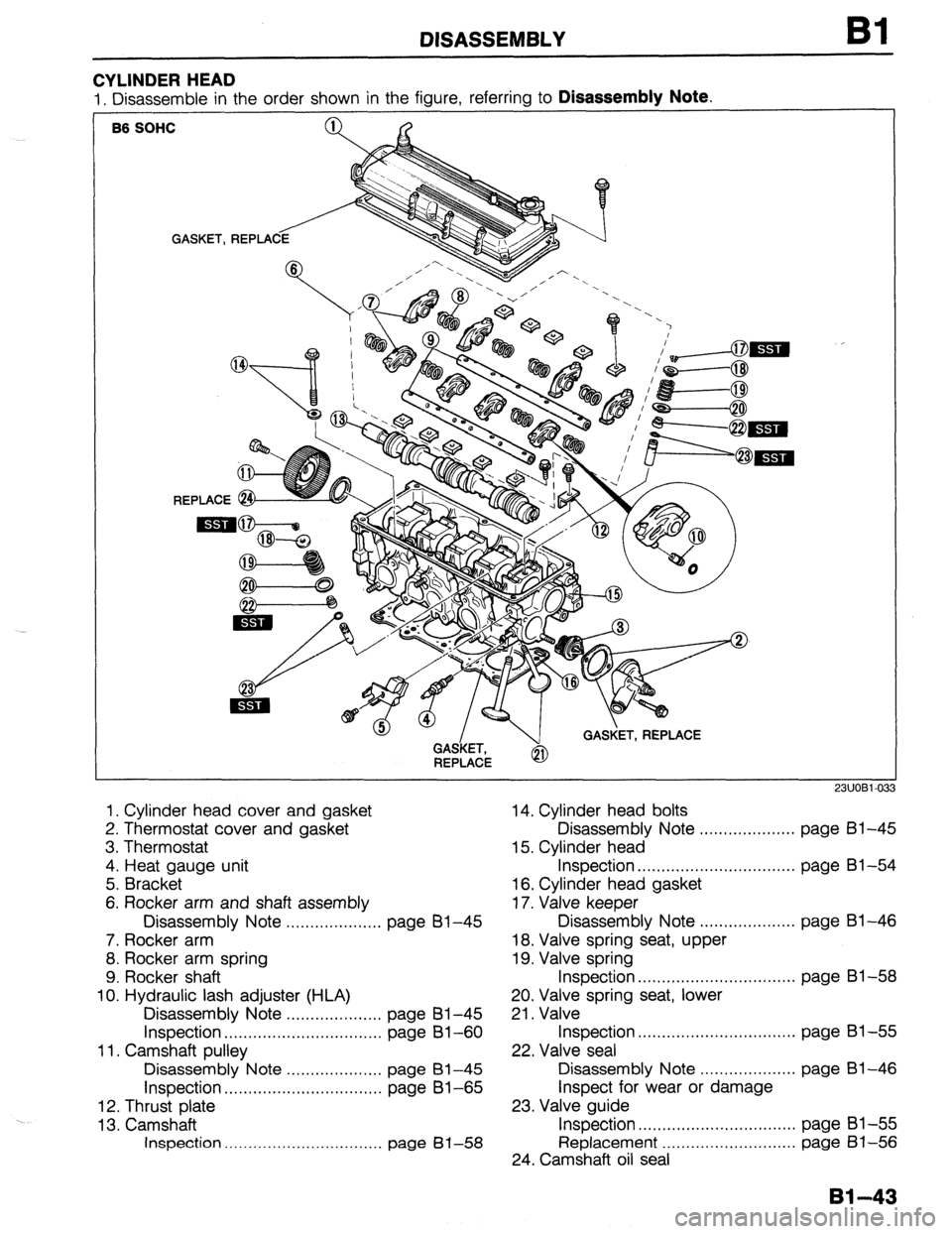 MAZDA 323 1989  Factory Repair Manual DISASSEMBLY Bl 
CYLINDER HEAD 
1. Disassemble in the order shown in the figure, referring to Disassembly Note. 
GASKET, REPLA 
B6 SOHC 
1. Cylinder head cover and gasket 14. Cylinder head bolts 
2. Th
