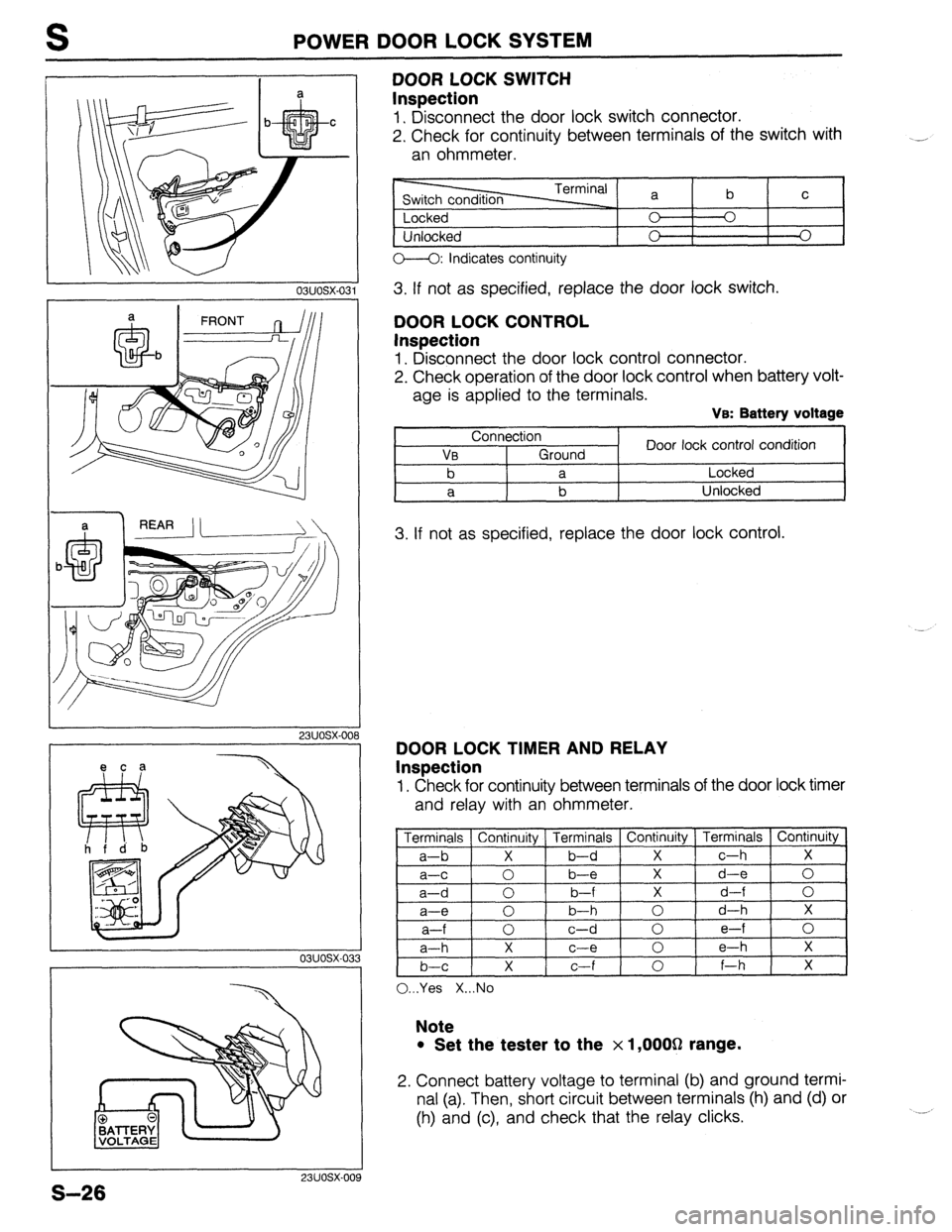 MAZDA 323 1989  Factory Repair Manual POWER DOOR LOCK SYSTEM 
03uosx-03: 
DOOR LOCK SWITCH 
Inspection 
1 1 Disconnect the door lock switch connector. 
2. Check for continuity between terminals of the switch with 
an ohmmeter. -, 
Locked 