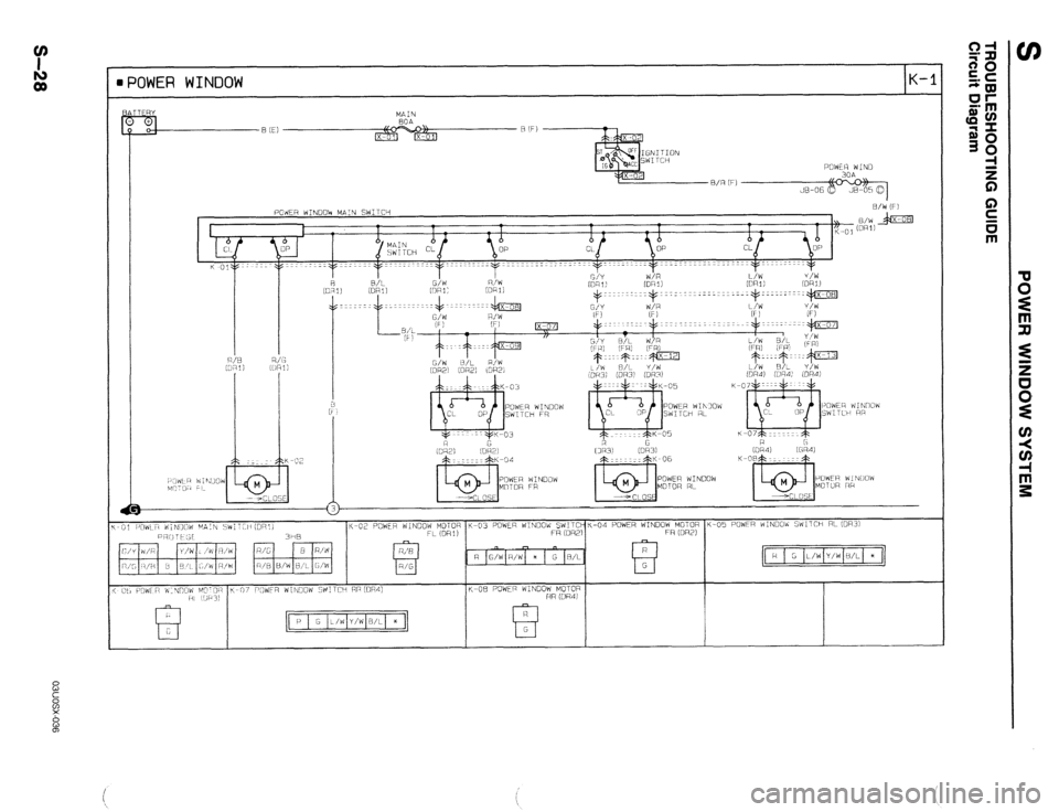 MAZDA 323 1989  Factory Repair Manual l POWER WINDOW K-l 
MAIN 
PUWER WIWCW WWER WihJOW 
-/w Y/W a/c x  
