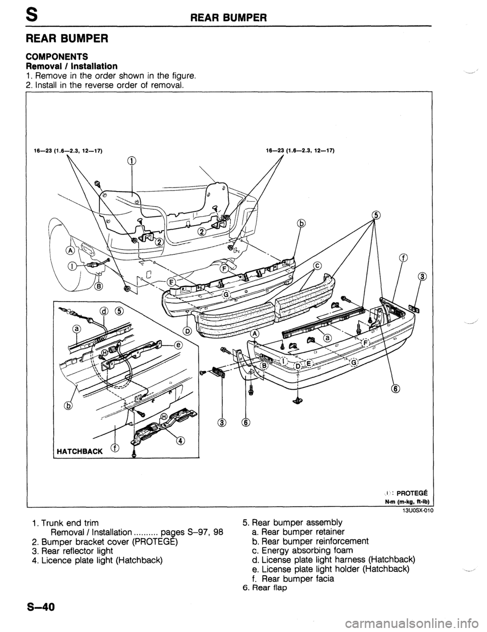 MAZDA 323 1989  Factory Repair Manual REAR BUMPER 
REAR BUMPER 
COMPONENTS 
Removal / Installation 
1. Remove in the order shown in the figure. 
2. Install in the reverse order of removal. 
16- -23 (1.6-2.3, 12-17) 
16-23 (1.6-2.3, 12-17)