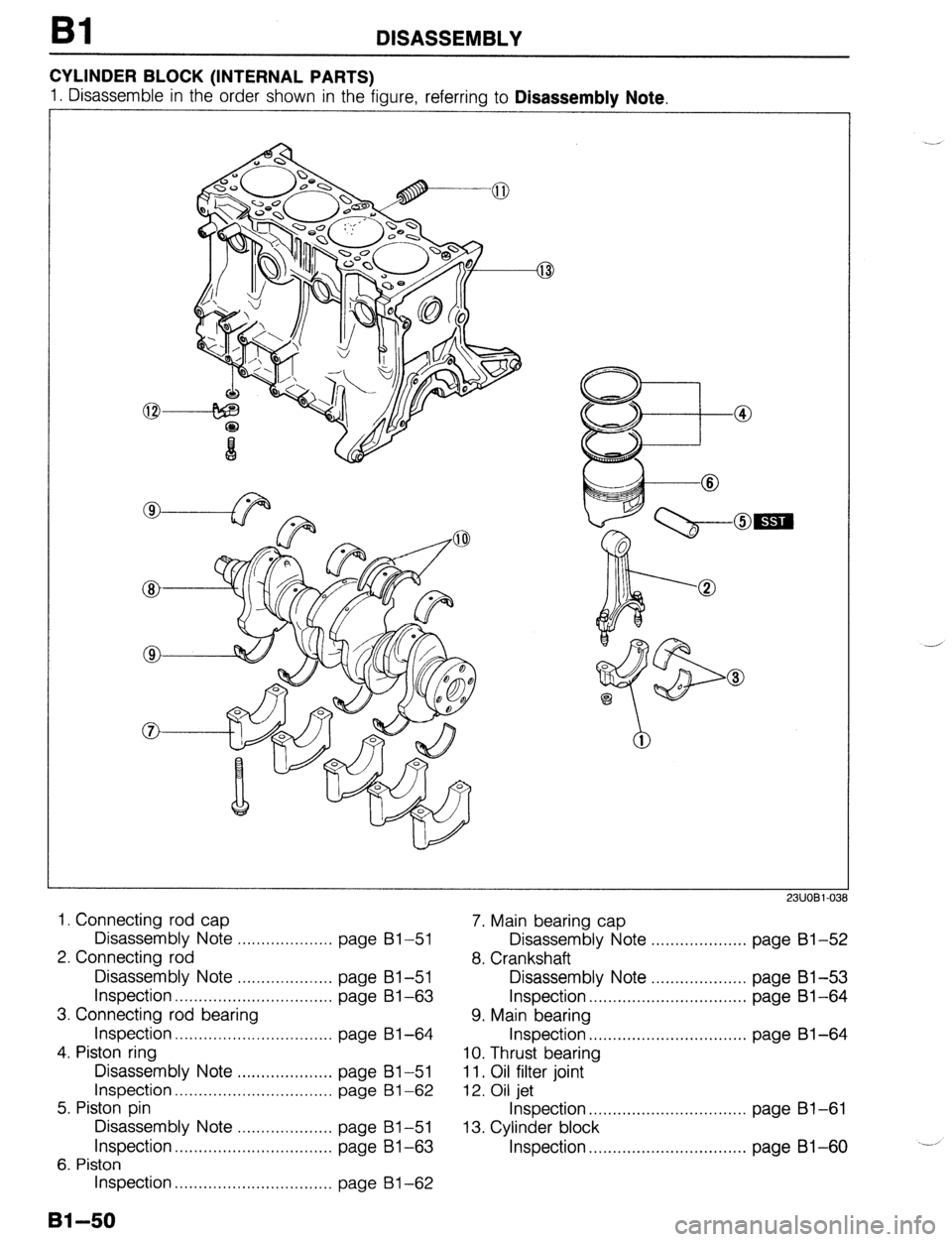 MAZDA 323 1989  Factory Repair Manual Bl DISASSEMBLY 
CYLINDER BLOCK (INTERNAL PARTS) 
1. Disassemble in the order shown in the figure, referring to Disassembly Note. 
1. Connecting rod cap 
7. Main bearing cap 
Disassembly Note . . . . .
