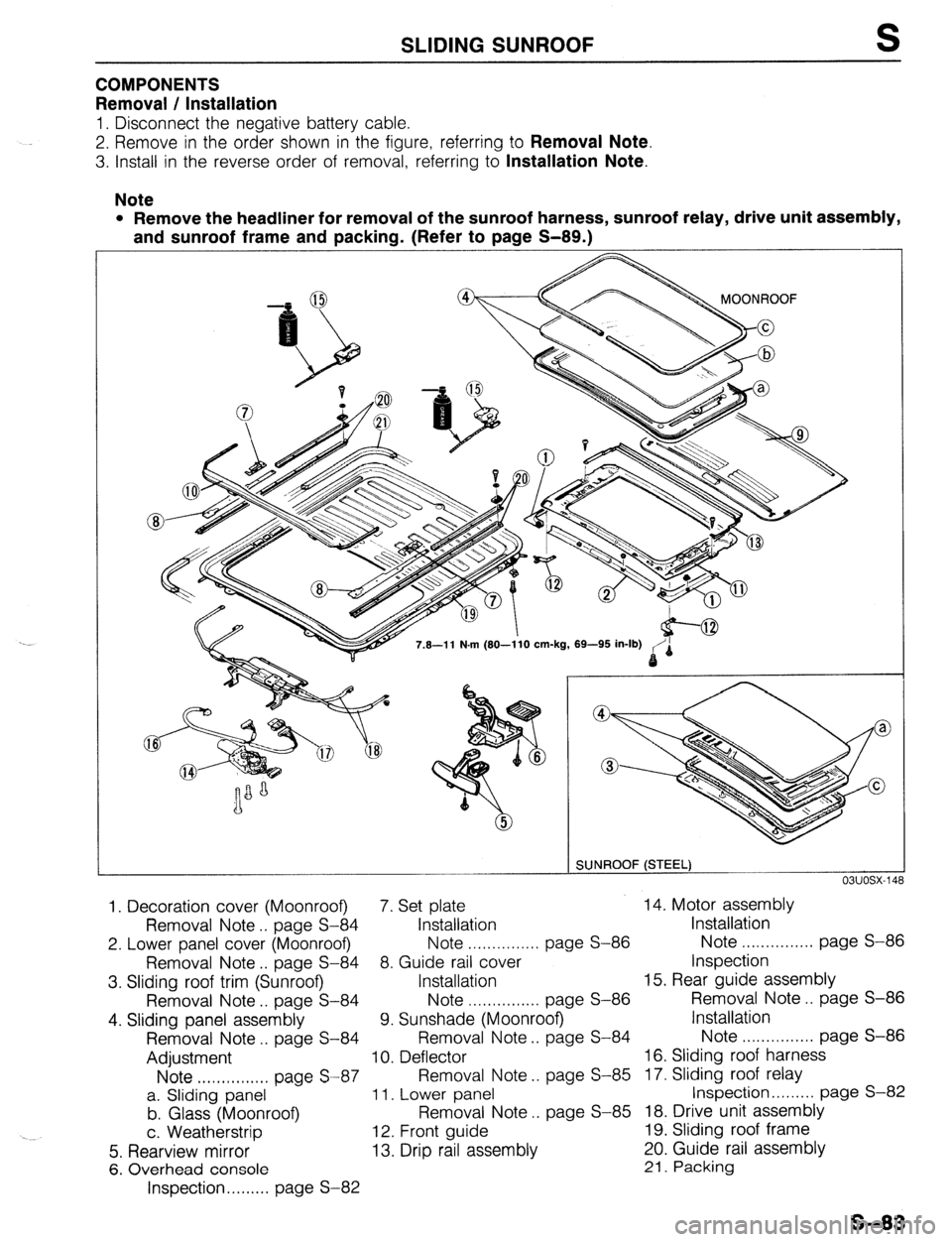 MAZDA 323 1989  Factory Repair Manual SLIDING SUNROOF 
COMPONENTS 
Removal / Installation 
1. Disconnect the negative battery cable. 
2. Remove in the order shown in the figure, referring to Removal Note. 
3. Install in the reverse order 