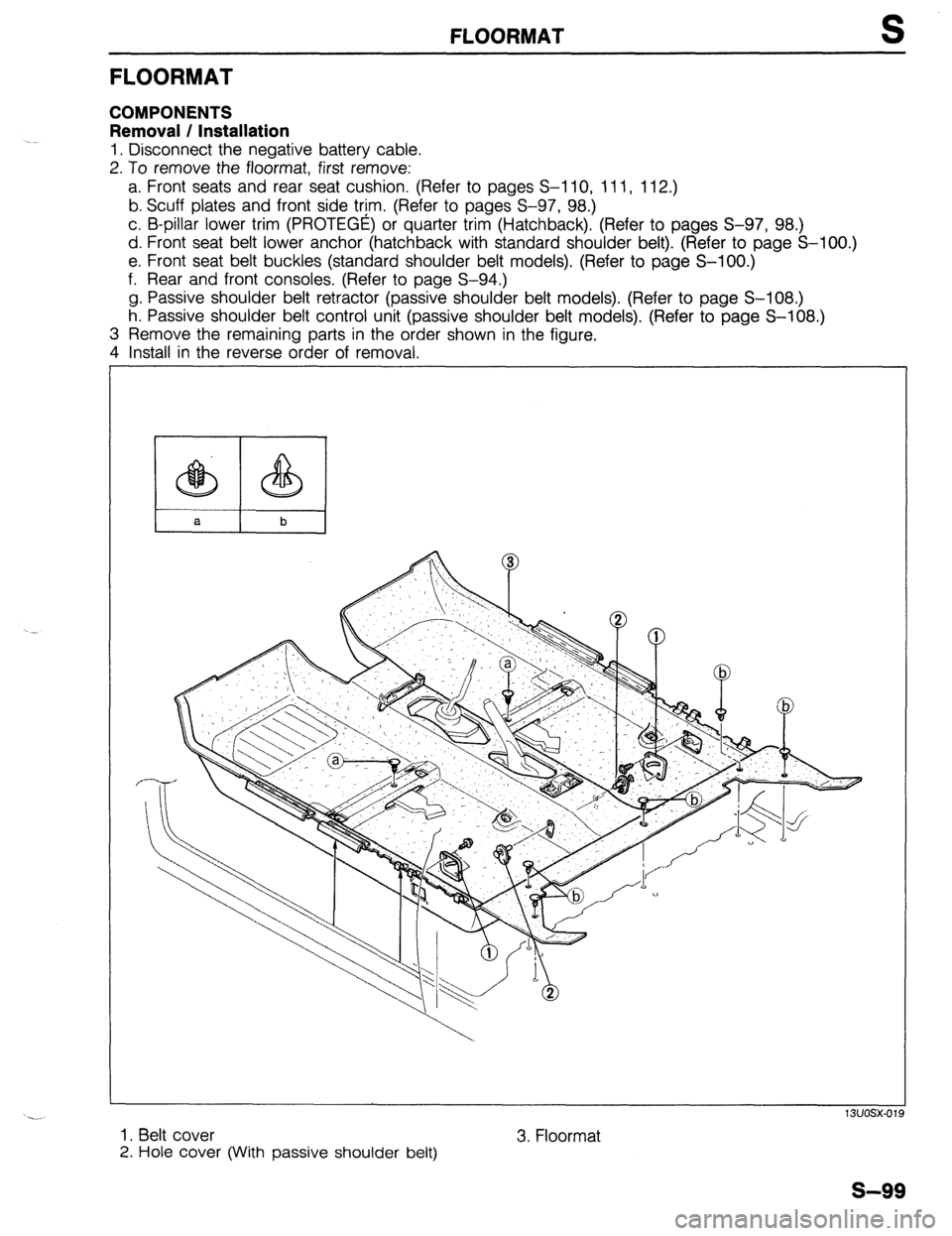MAZDA 323 1989  Factory Repair Manual FLOORMAT S 
FLOORMAT 
COMPONENTS 
Removal / Installation 
1. Disconnect the negative battery cable. 
2. To remove the floormat, first remove: 
a. Front seats and rear seat cushion. (Refer to pages S-l