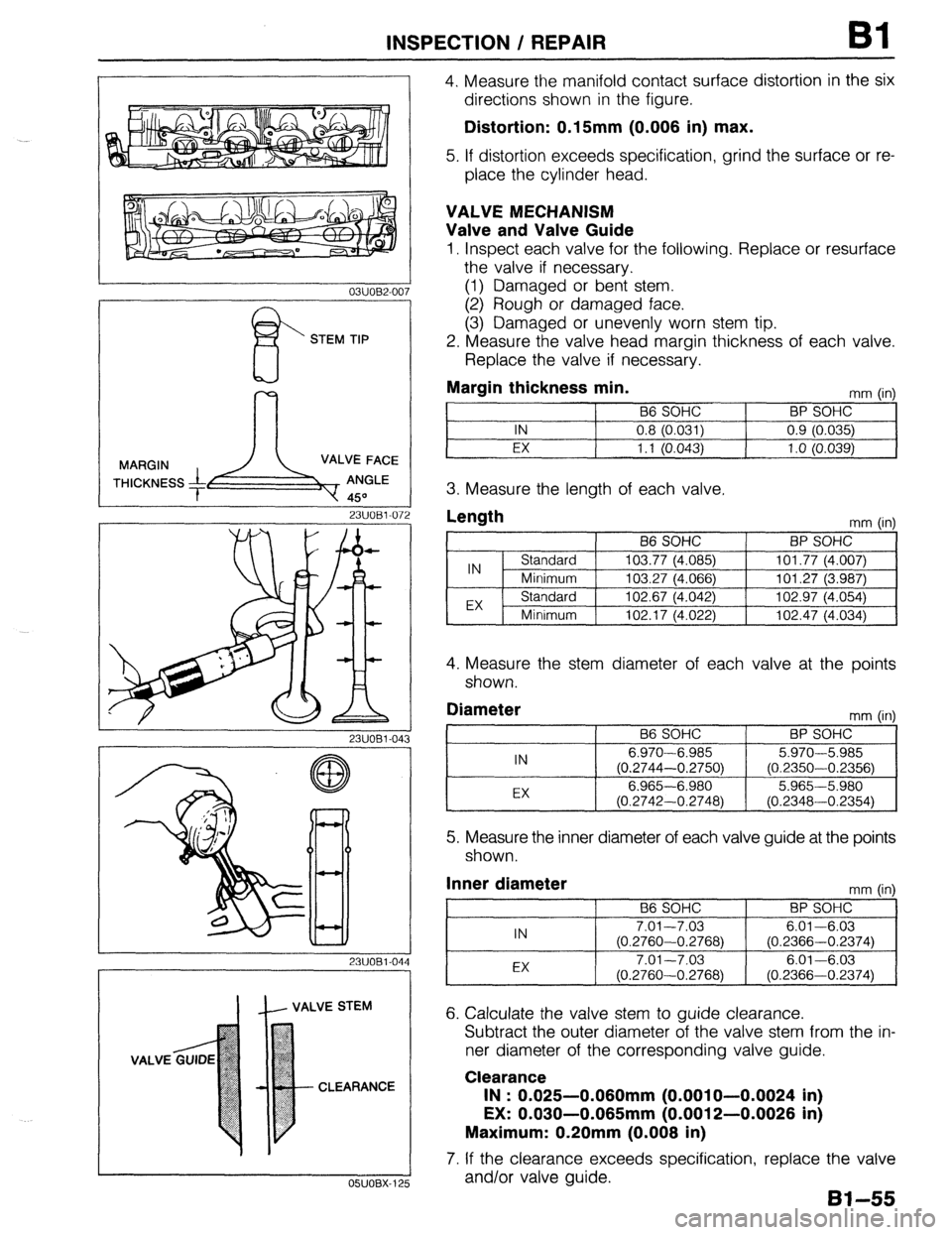 MAZDA 323 1989 Factory Repair Manual INSPECTION / REPAIR Bl
1
I
0311082-007
STEM TIP
MARGIN
THICKNESS
23UOBl-072
2311091.04:
2311091.04.
II- VALVE STEM
VALVE
CLEARANCE
J 05UOBX-125
4. Measure the manifold contact surface di MAZDA 323 1989 Factory Repair Manual INSPECTION / REPAIR Bl
1
I
0311082-007
STEM TIP
MARGIN
THICKNESS
23UOBl-072
2311091.04:
2311091.04.
II- VALVE STEM
VALVE
CLEARANCE
J 05UOBX-125
4. Measure the manifold contact surface di