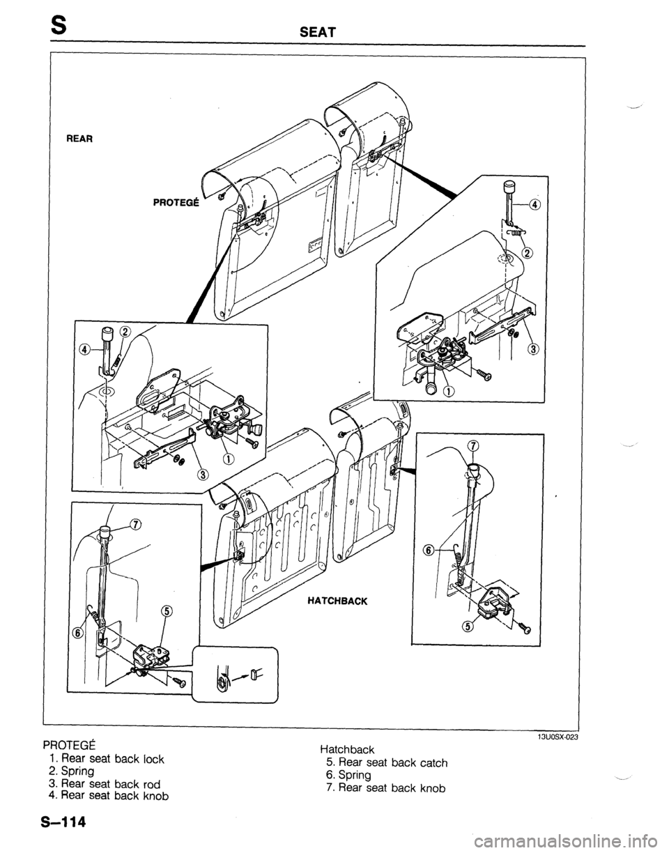 MAZDA 323 1989  Factory Repair Manual S SEAT 
I 
REAR 
F ‘ROTEGI!! 
1. Rear seat back lock 
2. Spring 
3. Rear seat back rod 4. 
Rear seat back knob Hatchback 
5. Rear seat back catch 
6. Spring 
7. Rear seat back knob 
13uosx-02: 
s-11